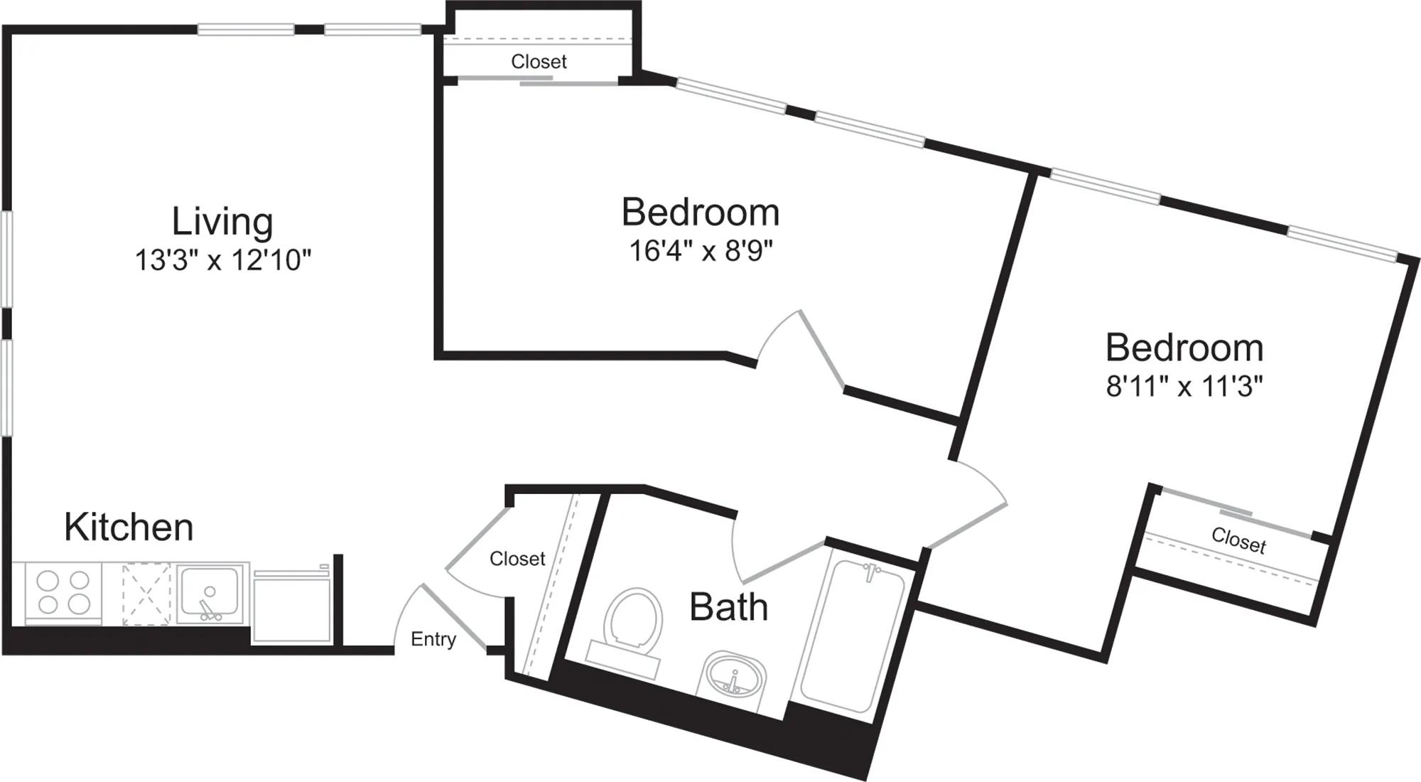 684 square foot two bedroom one bath floor plan image