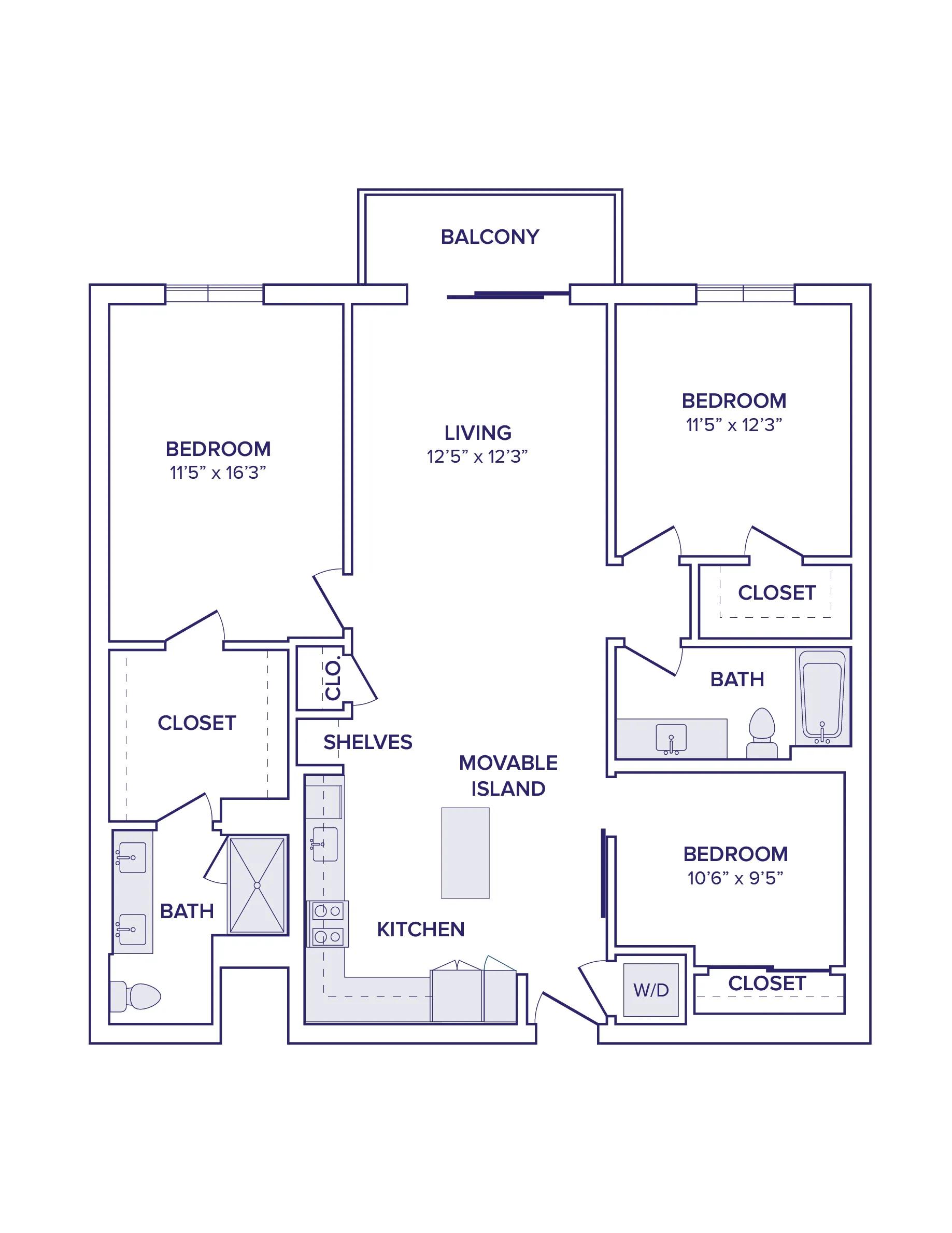 1360 square foot three bed two bath floor plan image