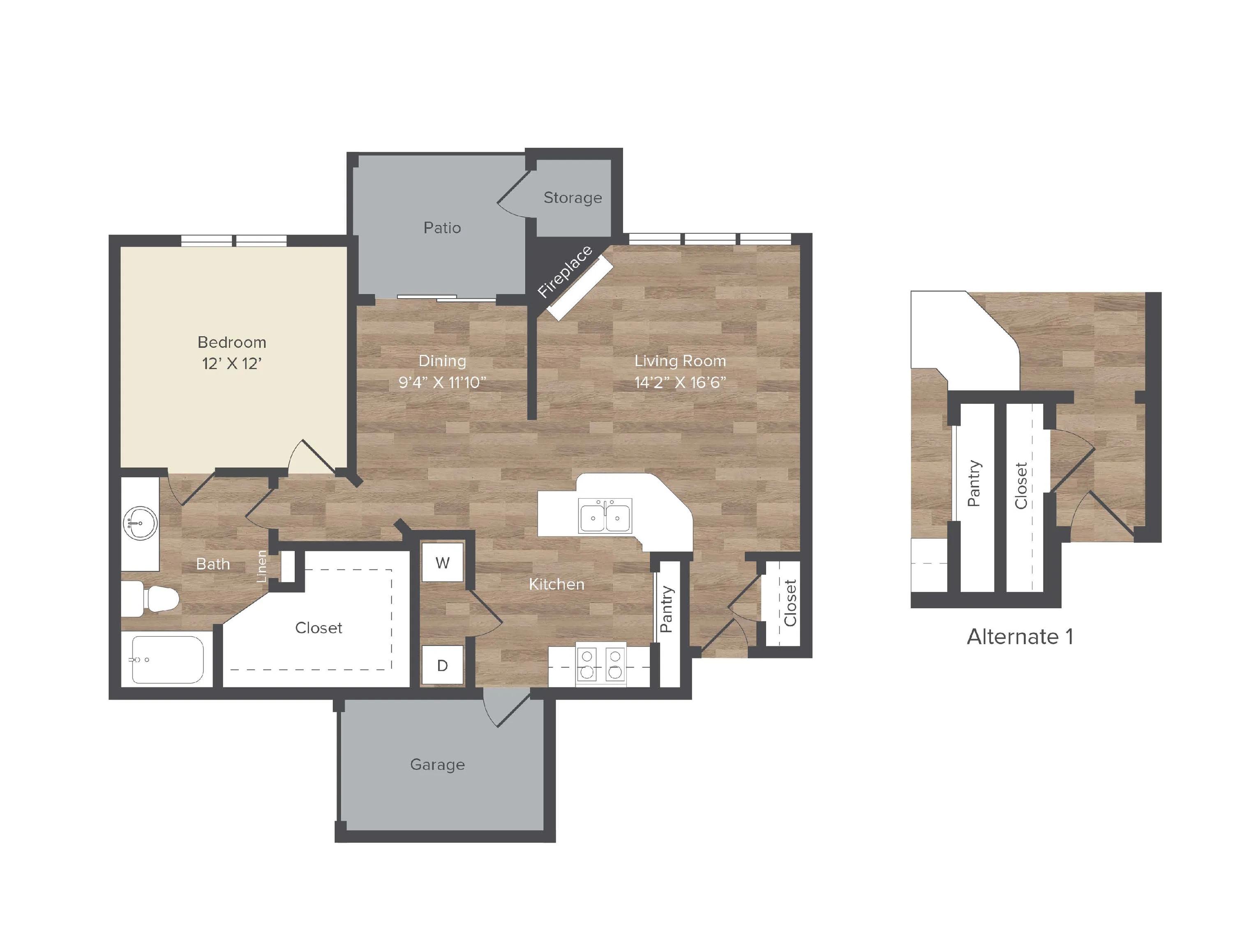 857 square foot one bedroom one bath apartment floor plan in Austin, TX