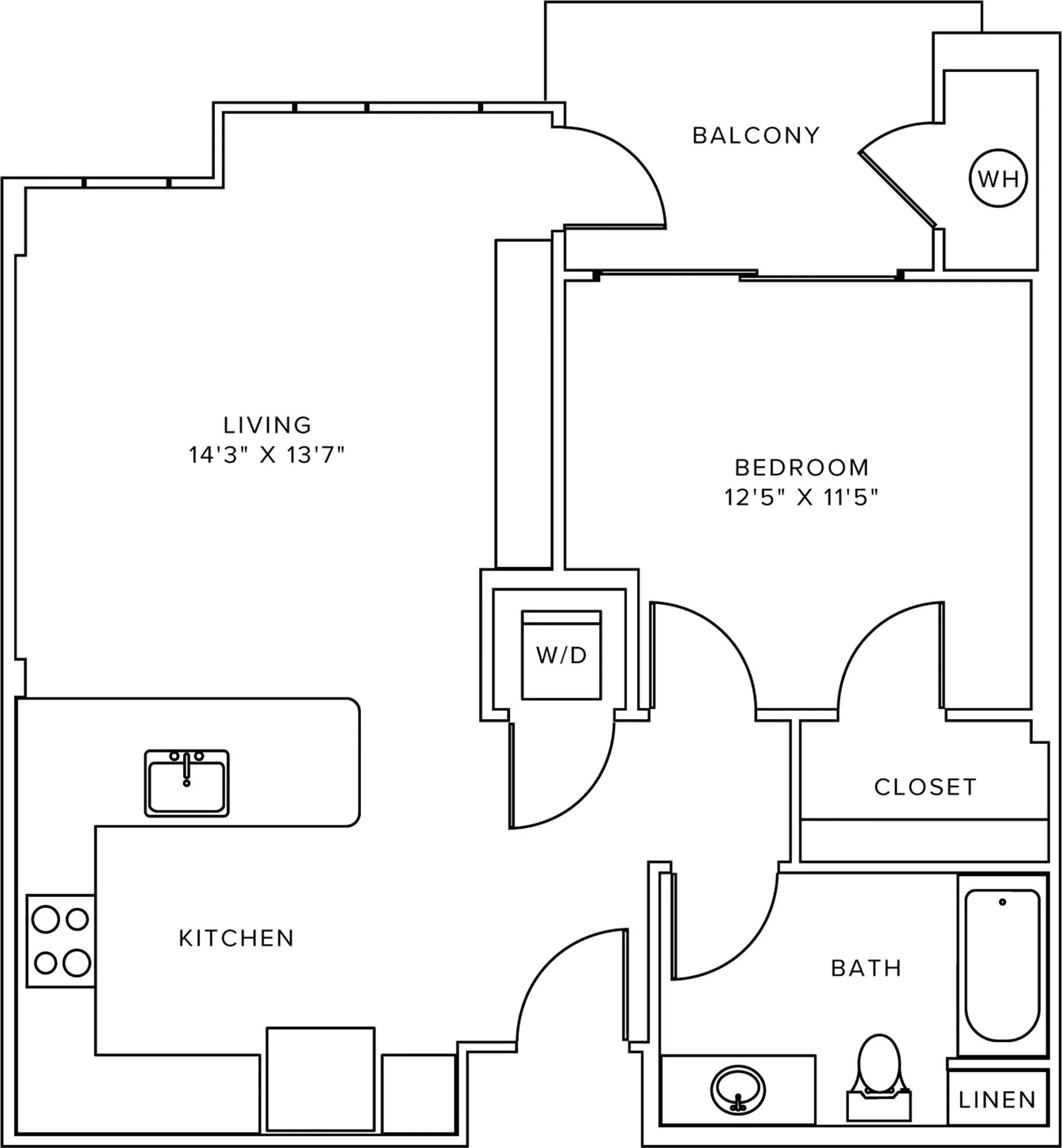 697 square foot one bedroom one bath apartment floorplan image