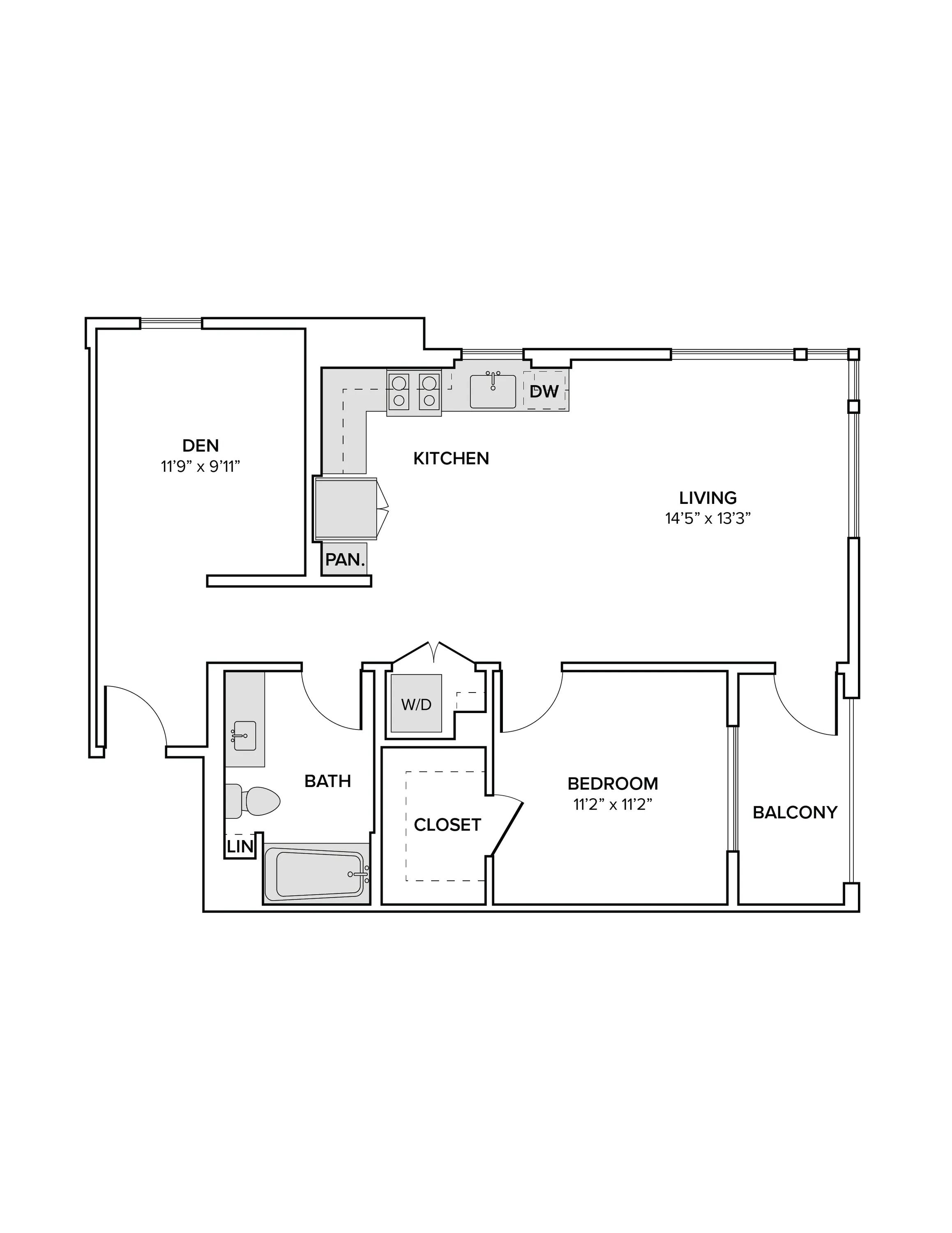 879 square foot one bedroom one bath with den apartment floor plan image