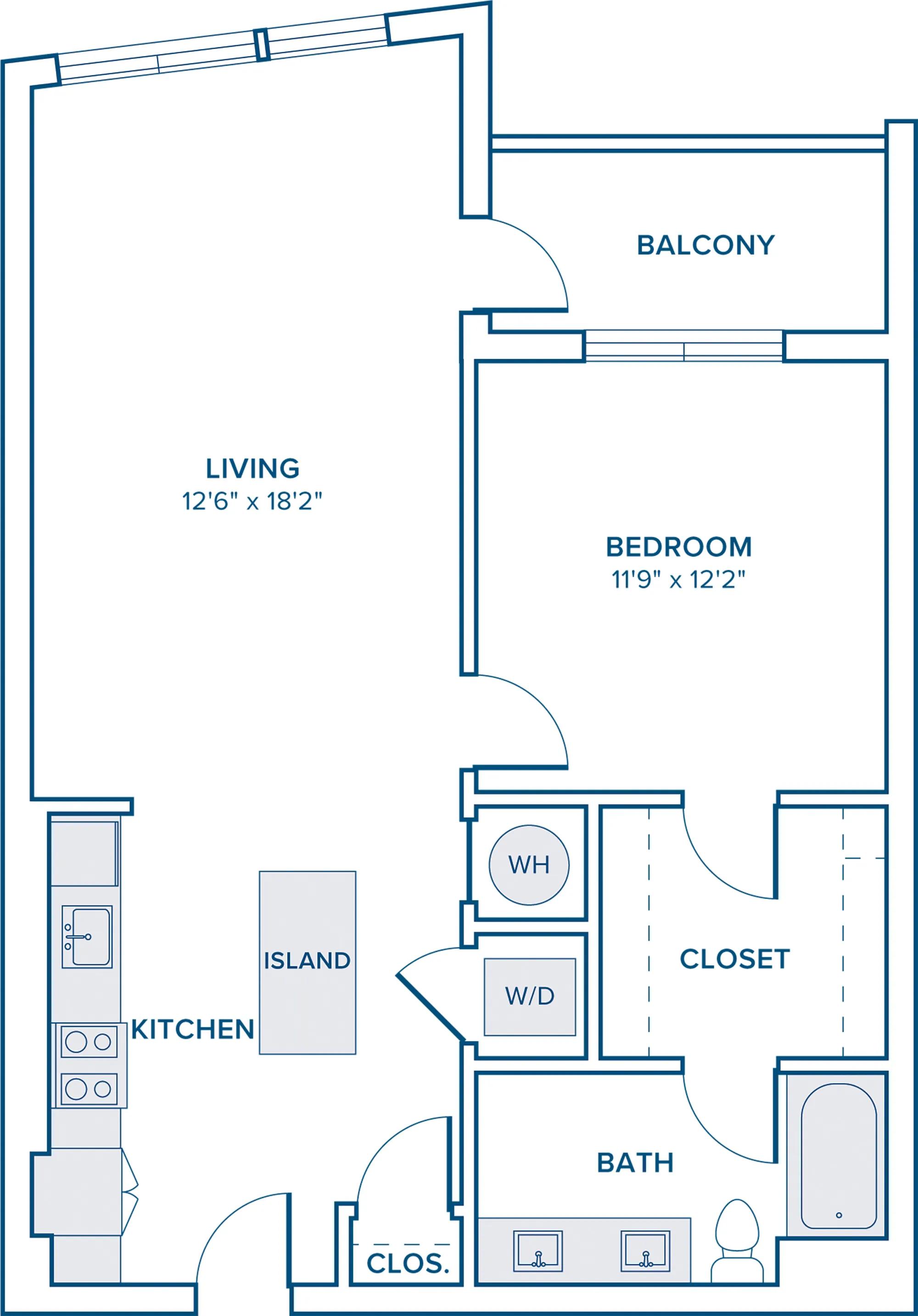 798 square foot one bed one bath apartment floor plan in Nashville, TN