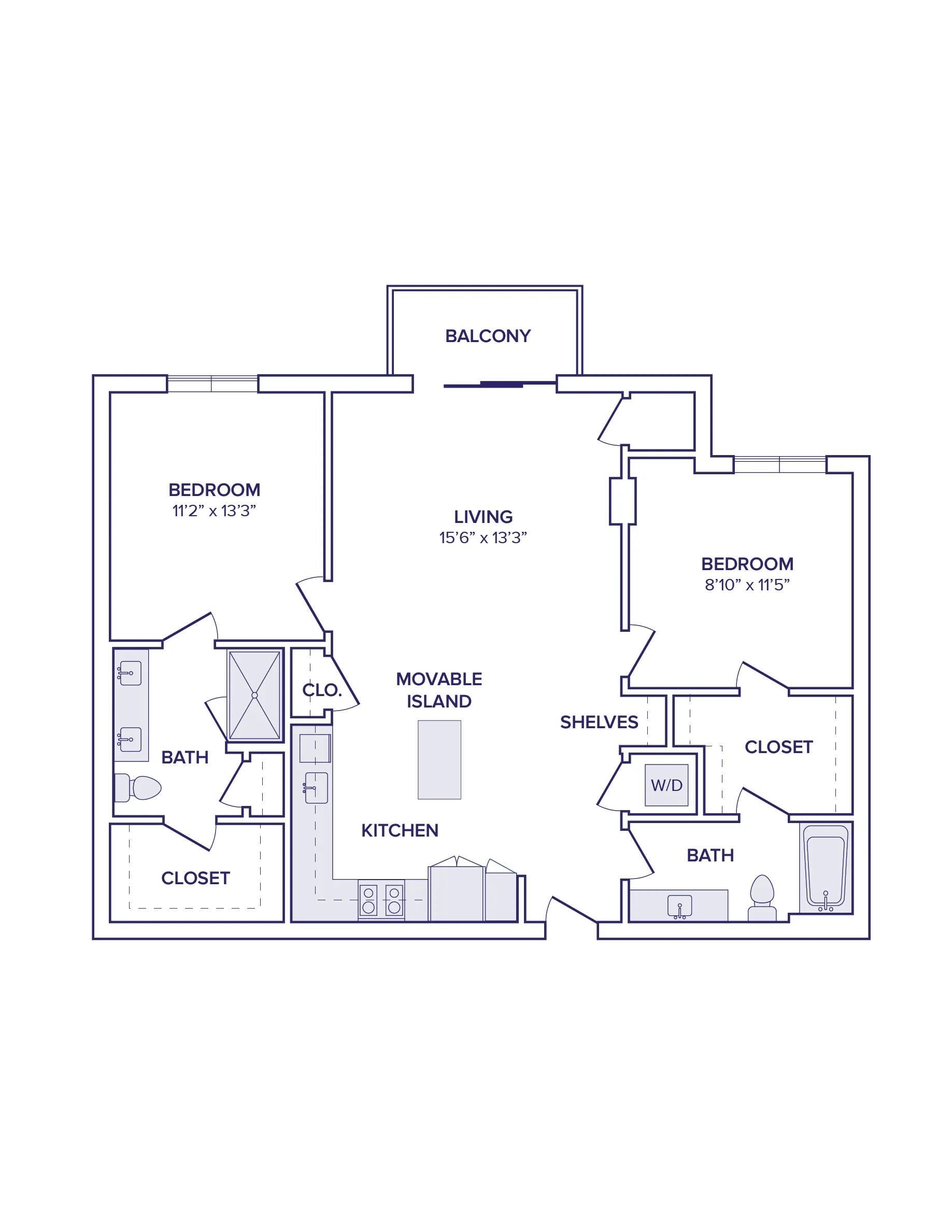 1190 square foot two bed two bath floor plan image