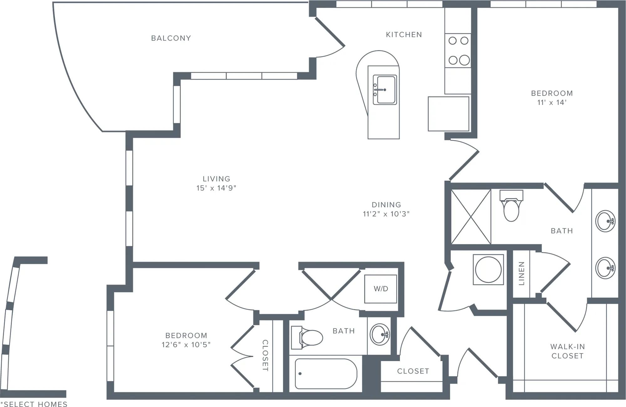 1187 square foot two bedroom two bathroom floorplan image