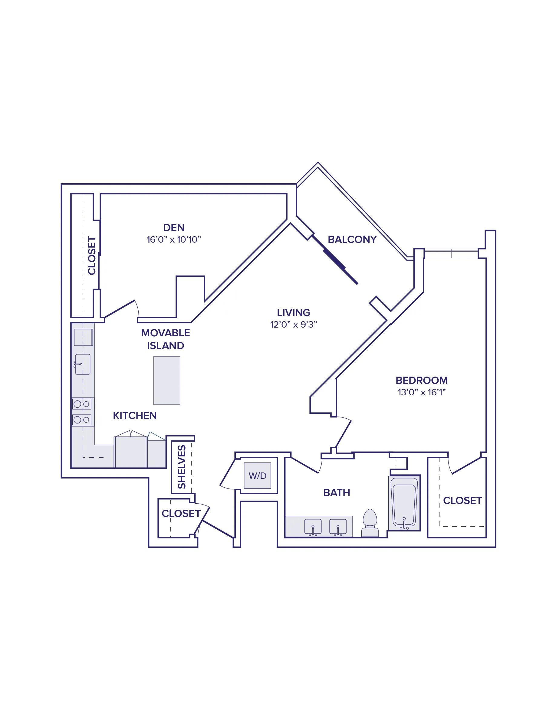 997 square foot one bed one bath floor plan image