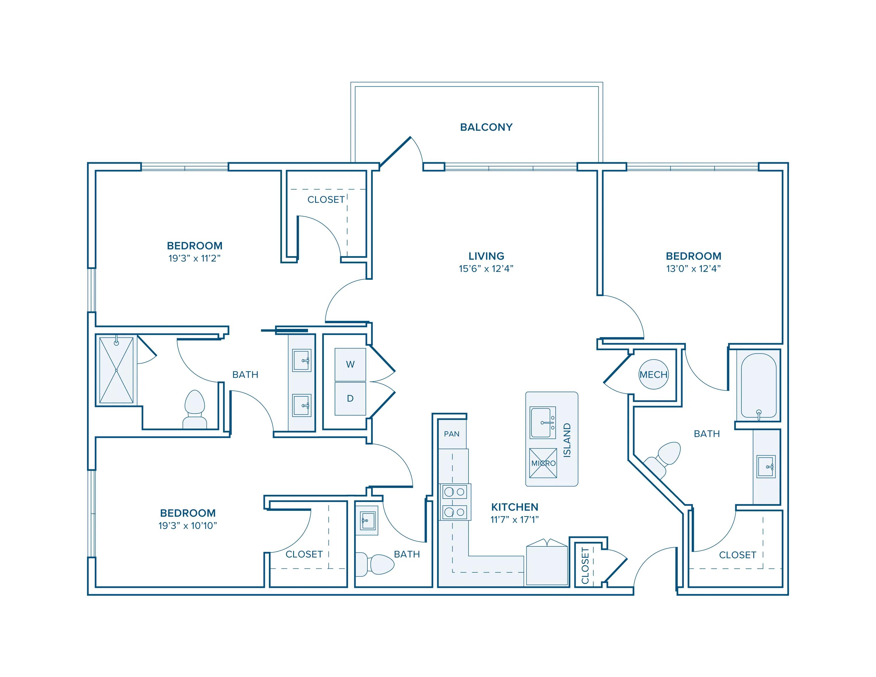 1402 square foot three bedroom two and a half bath apartment floor plan in Charlotte, NC
