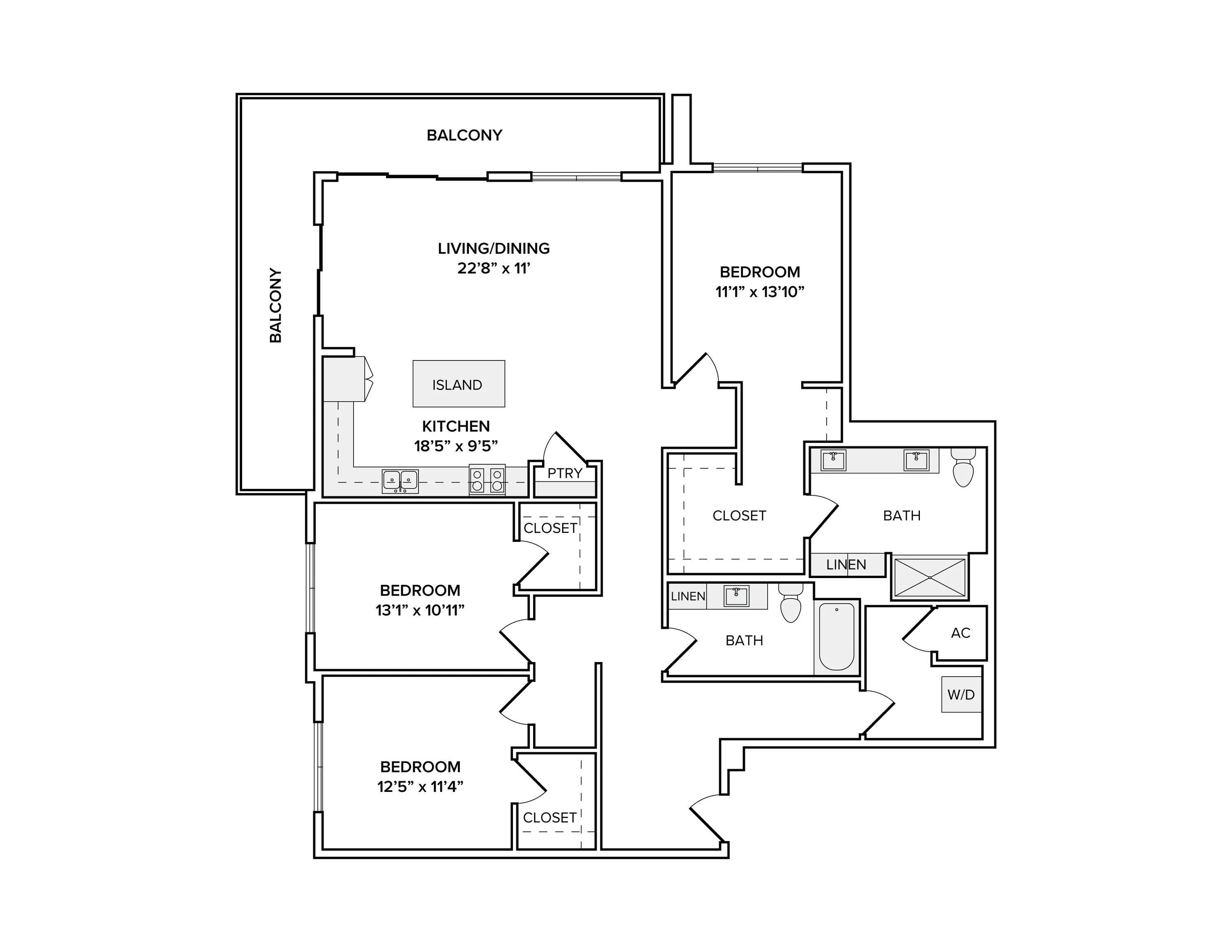 1704 square foot three bed two bath apartment floor plan in Scottsdale, AZ