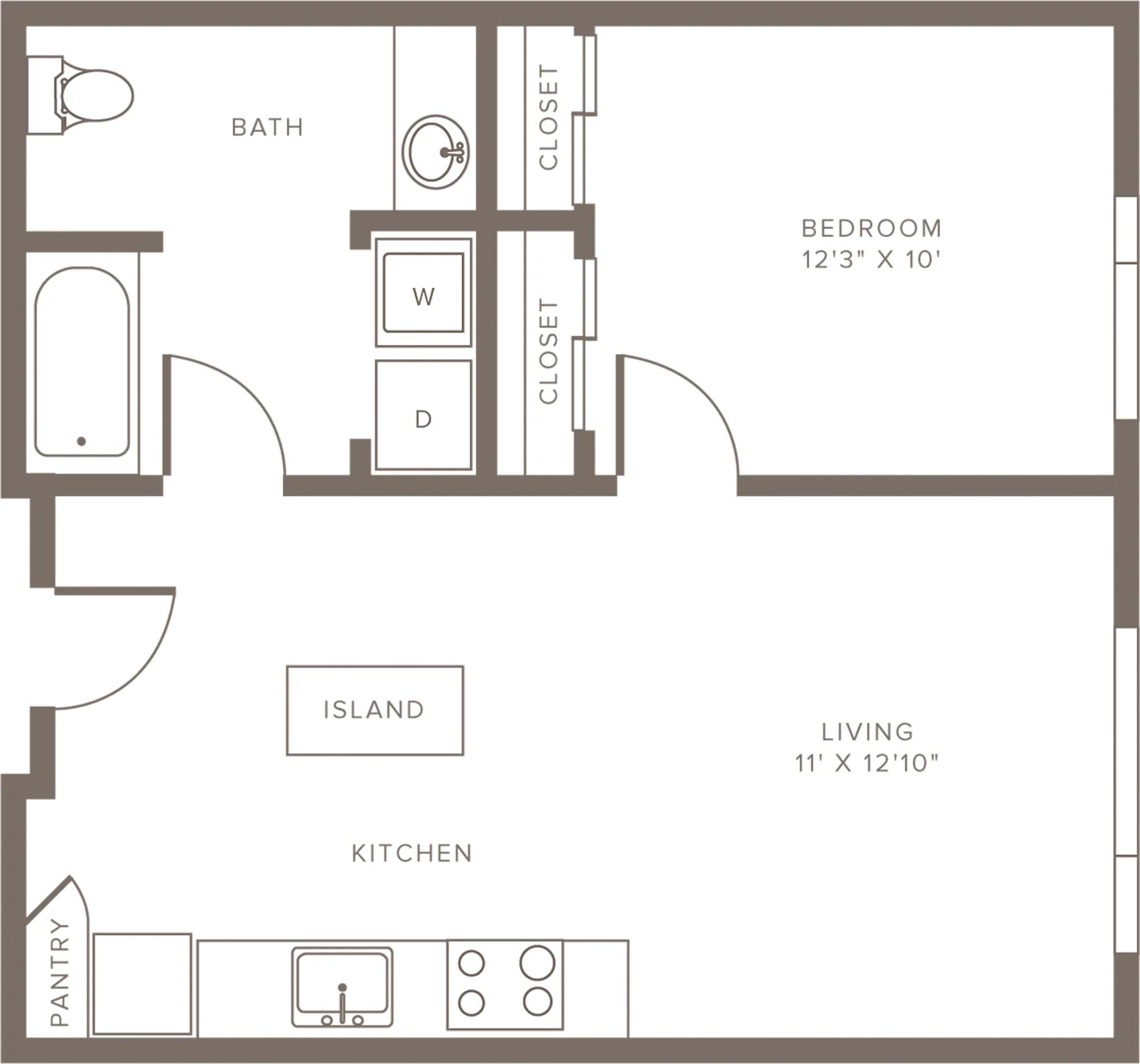 619 square foot one bedroom one bath apartment floorplan image