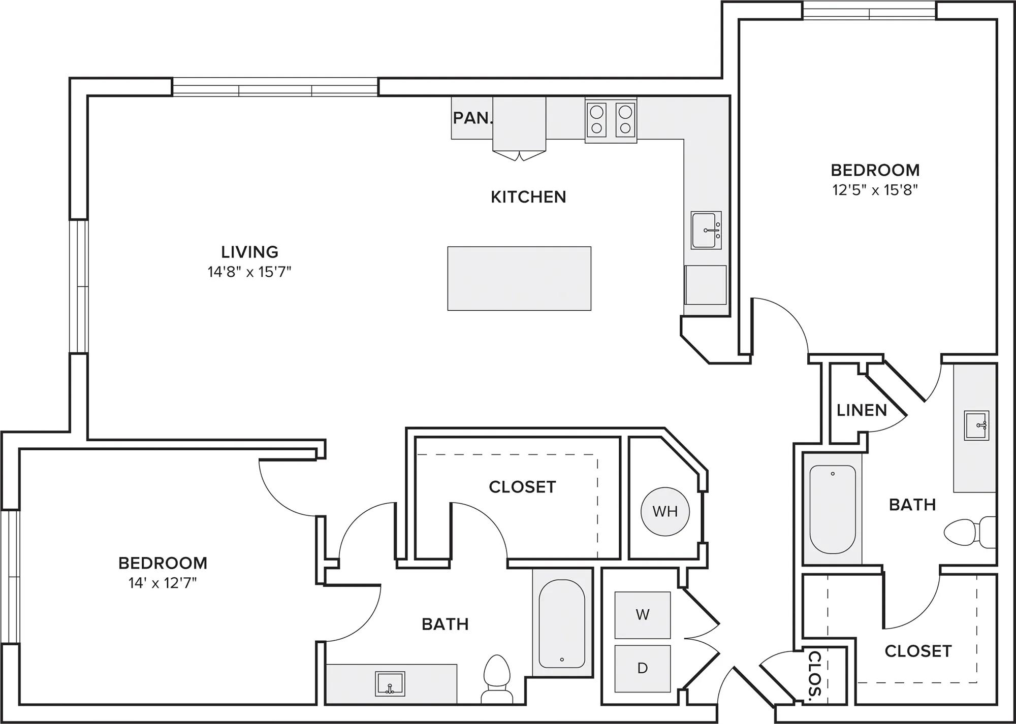 1246 square foot two bedroom two bath apartment floorplan image