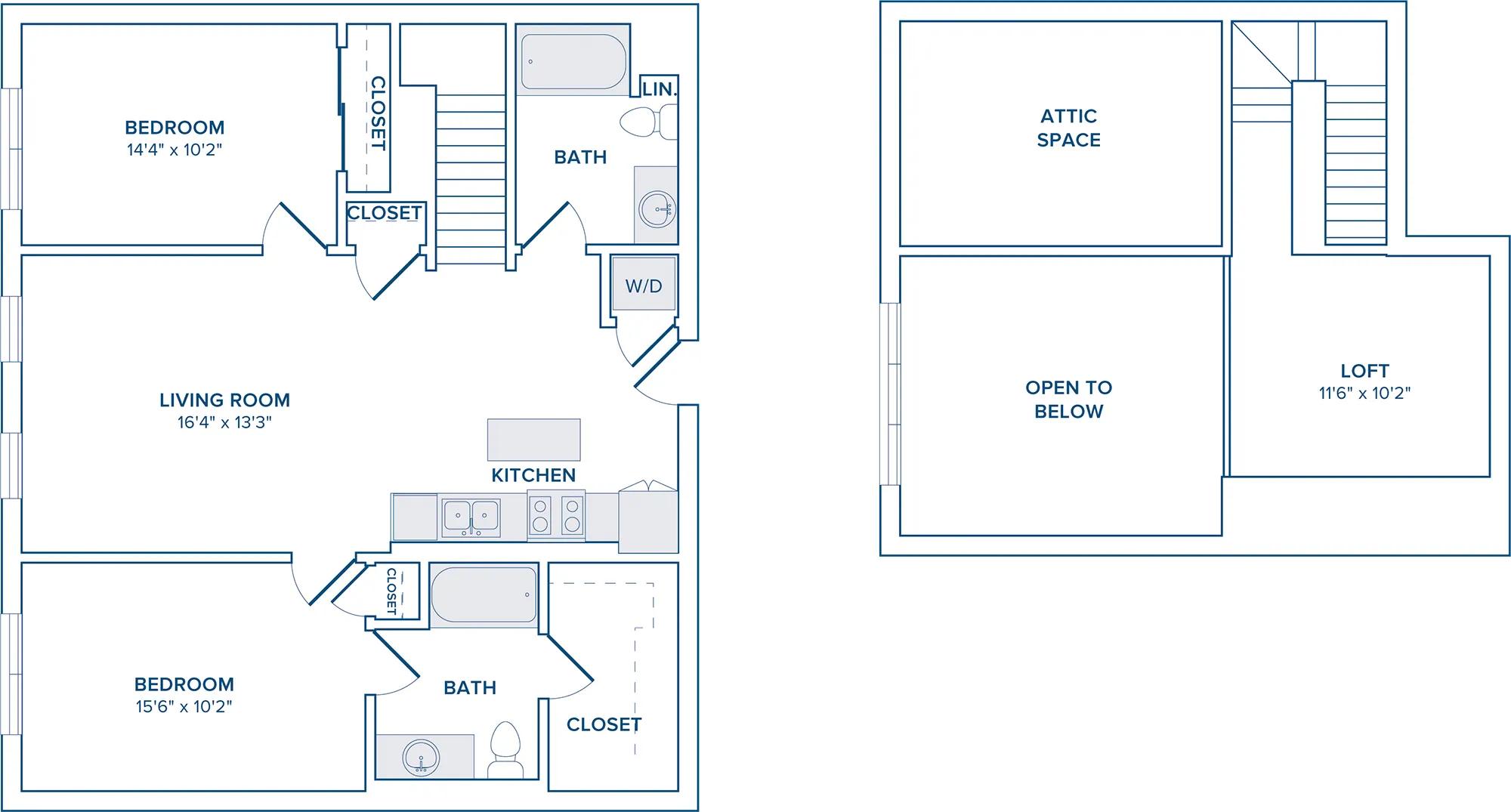 1283 square foot two bedroom loft two bath apartment floorplan image