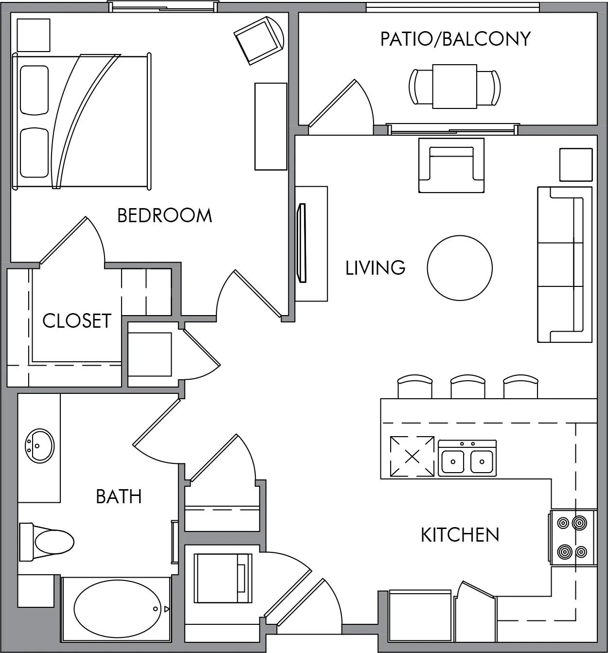 835 square foot one bedroom one bath apartment floor plan image