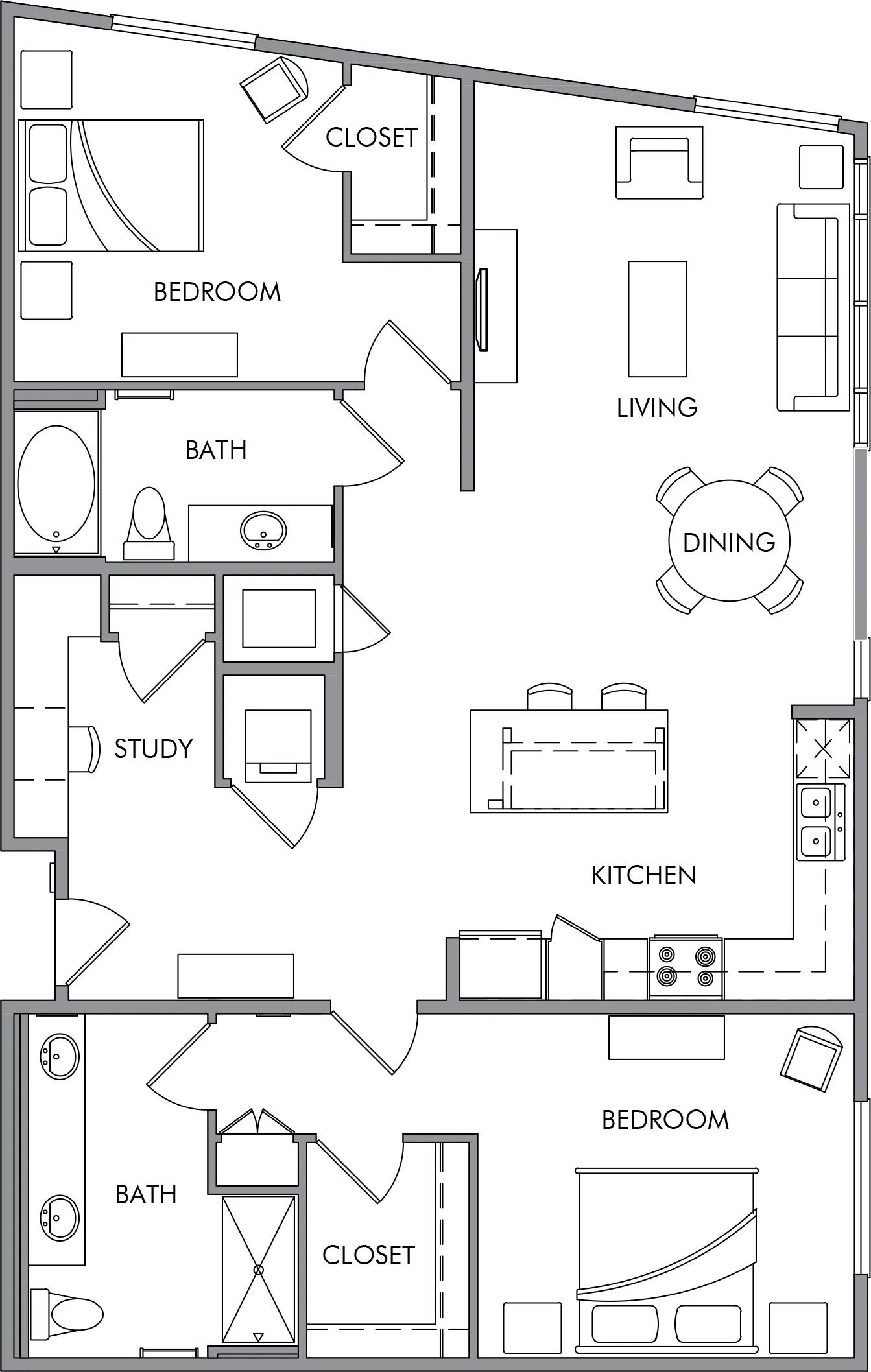 1350 square foot two bed two bath apartment floor plan image