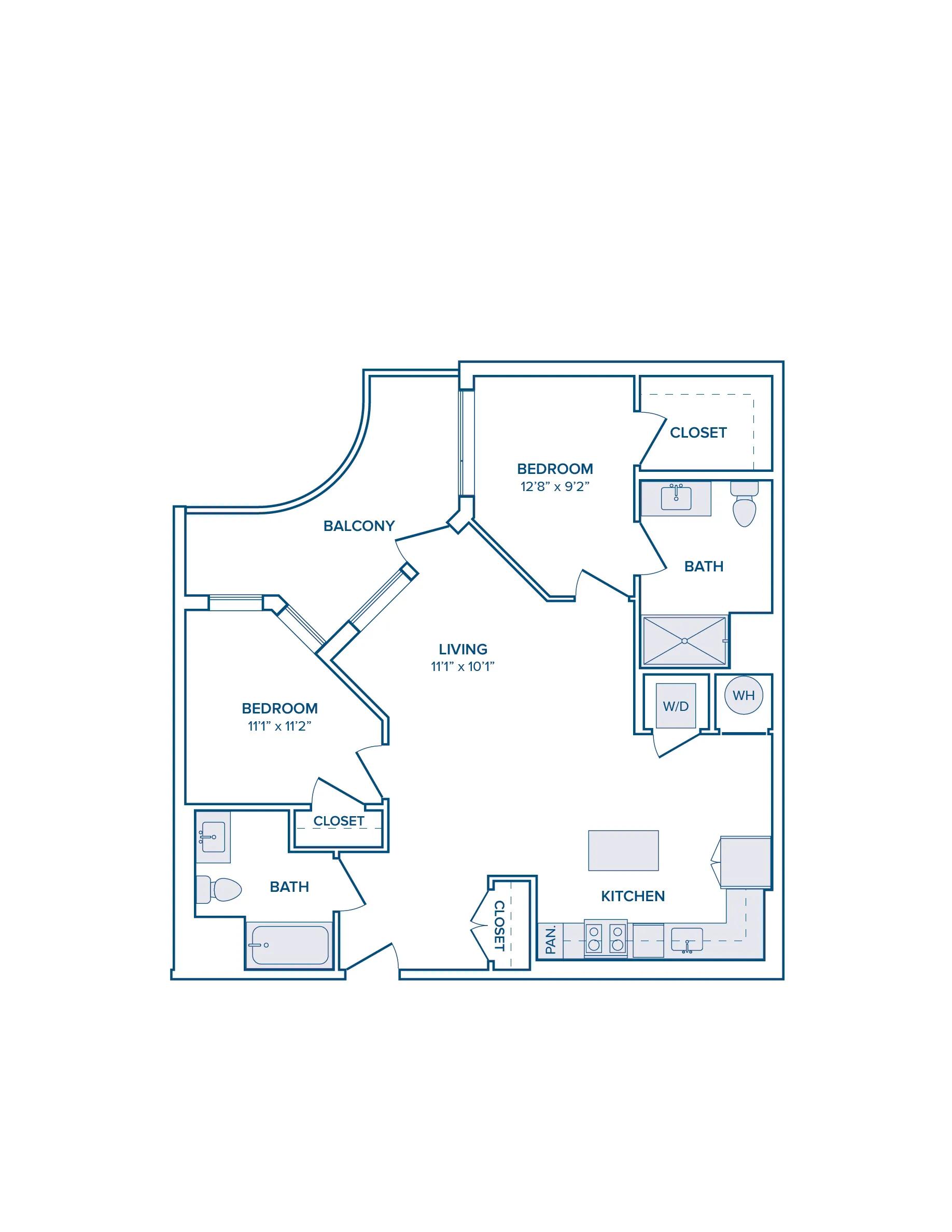 997 square foot two bed two bath floor plan image