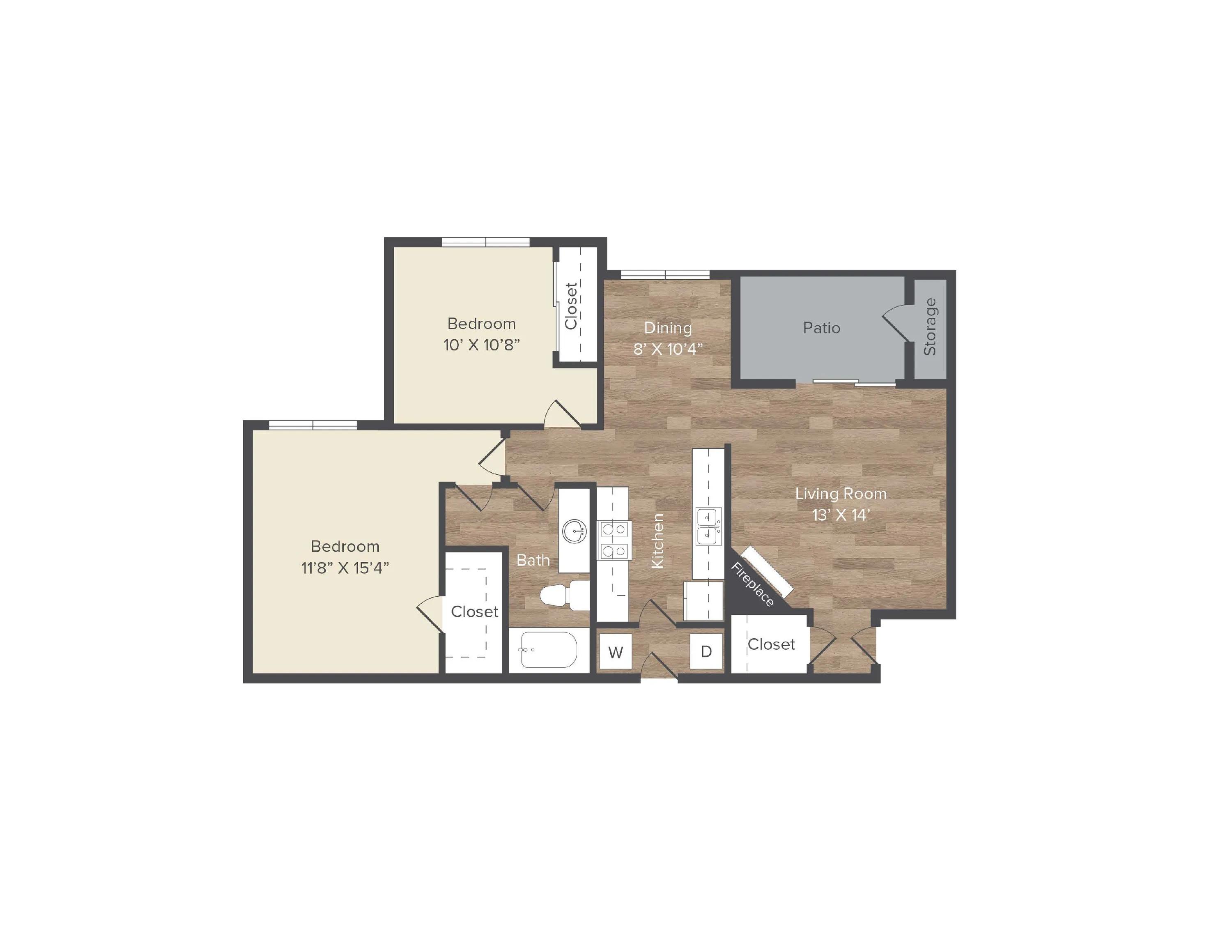 932 square foot two bedroom two bath apartment floor plan in Austin, TX