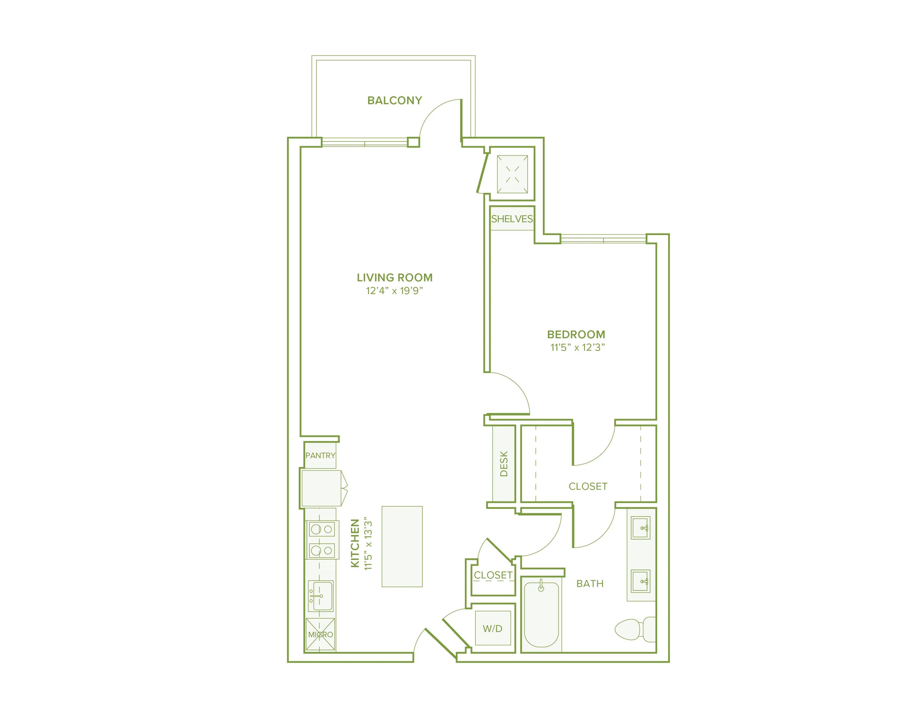 789 square foot one bed one bath floor plan in Falls Church, VA