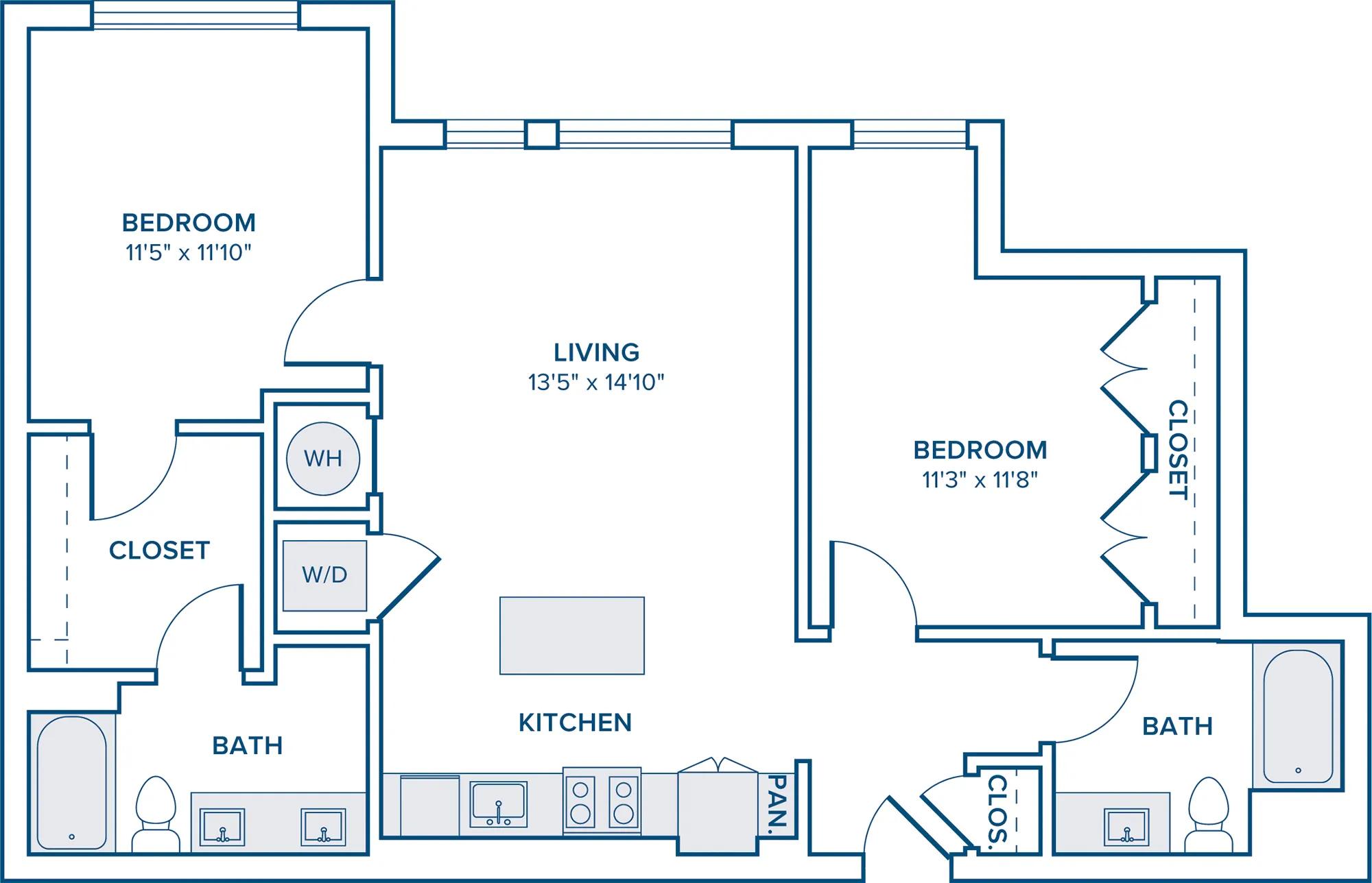 1034 square foot two bedroom two bath apartment floorplan image