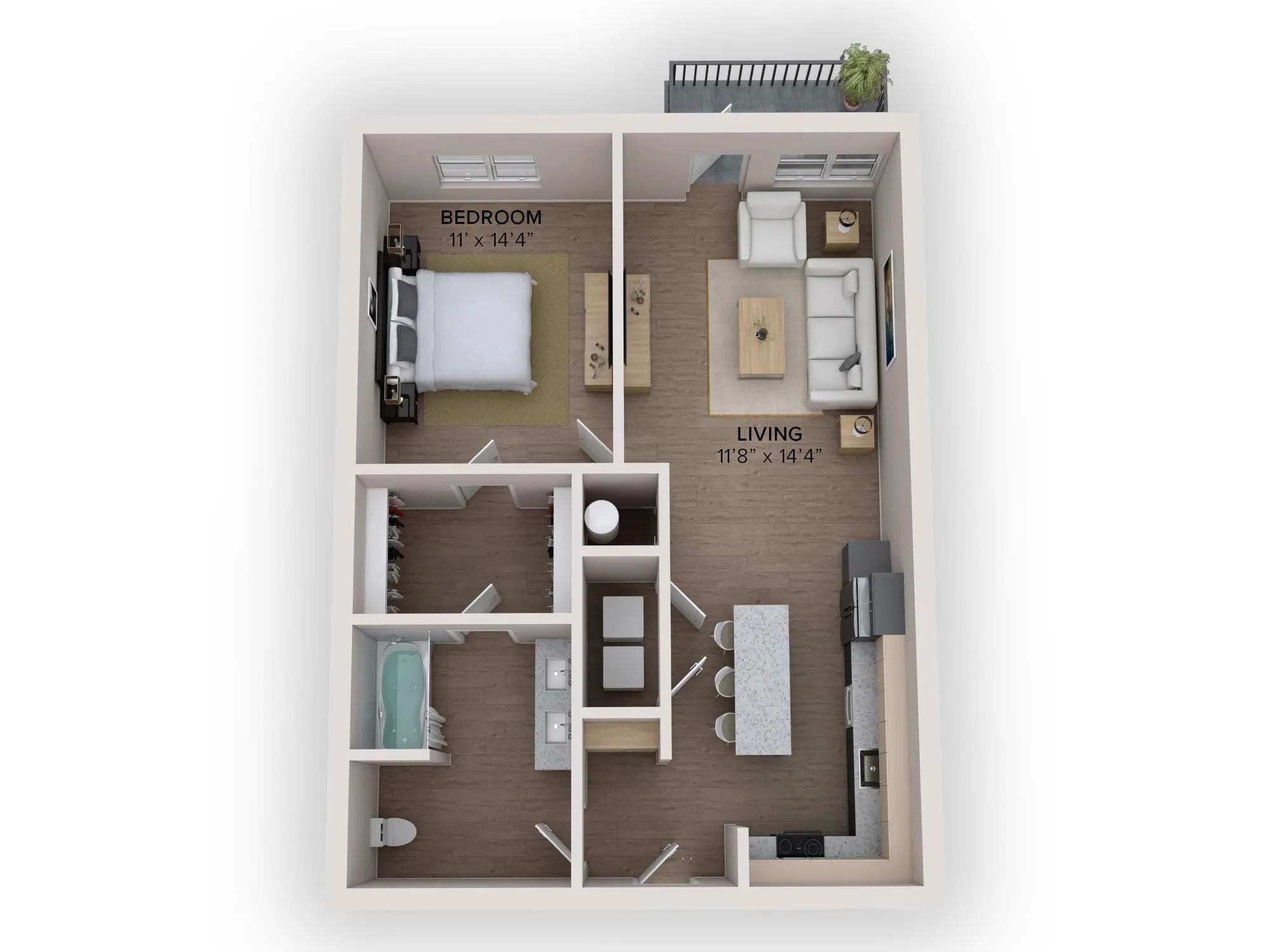 765-792 square foot one bed one bath floor plan in Denver, CO