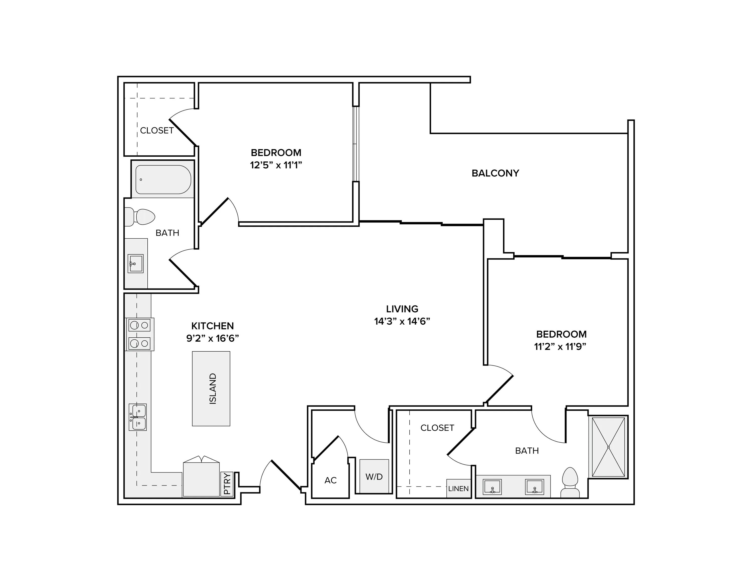 1160 square foot two bed two bath apartment floor plan in Scottsdale, AZ