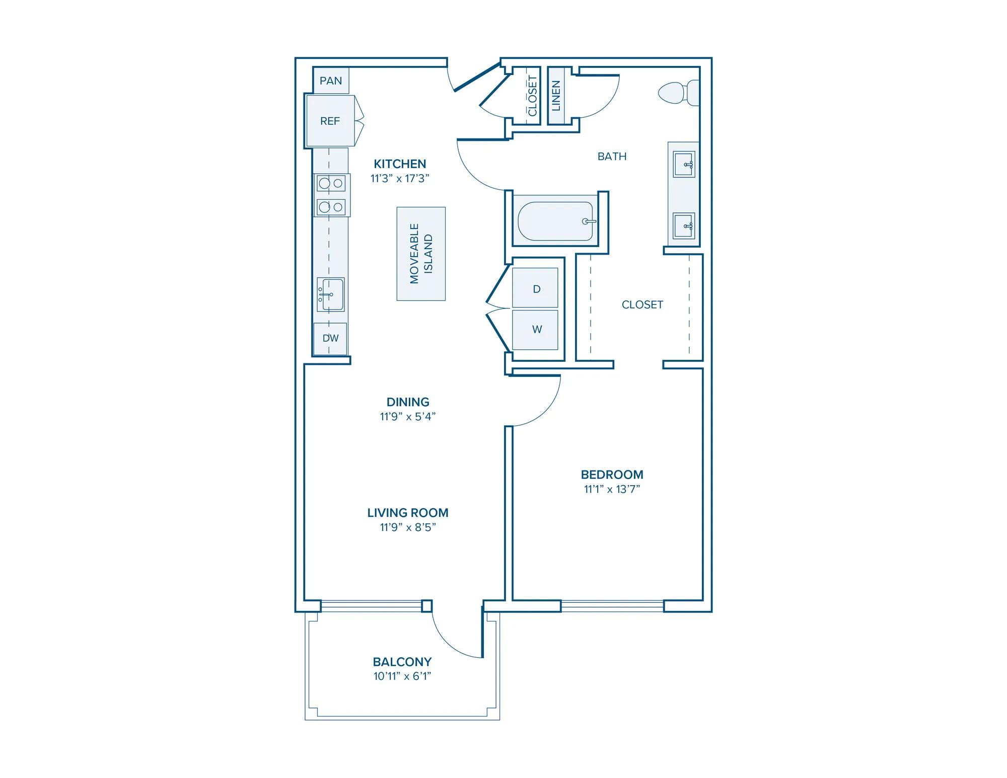 784 square foot one bedroom one bath apartment floorplan image