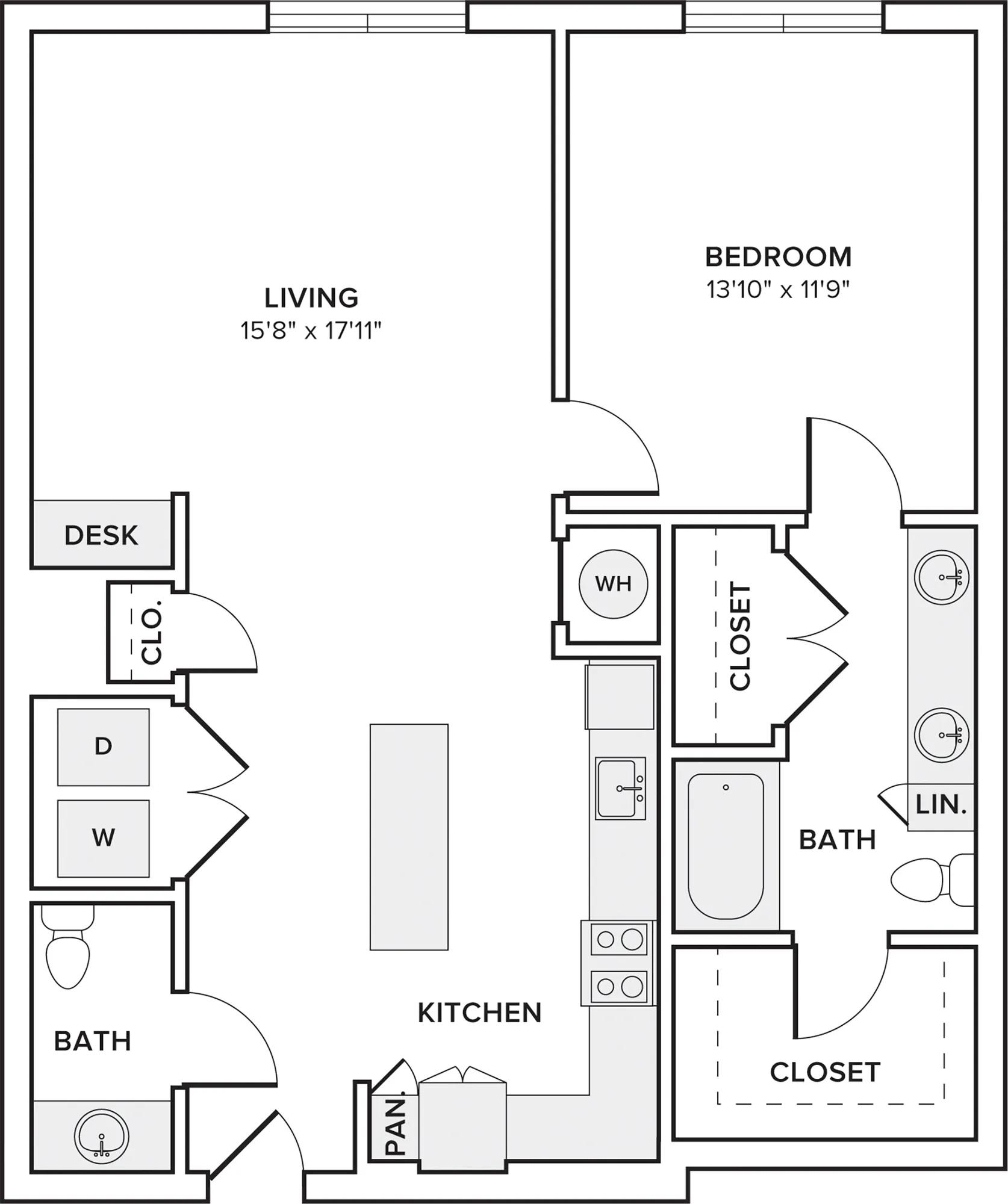 973 square foot one bedroom one bath apartment floor plan in Austin, TX