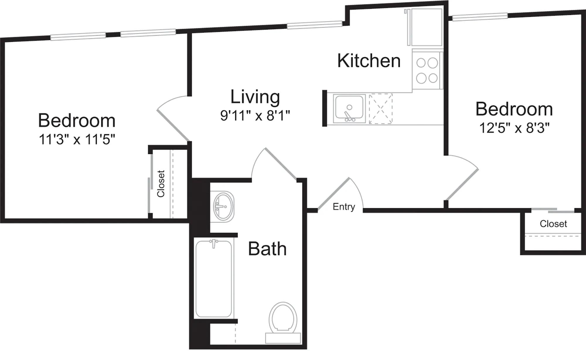 600 square foot two bedroom one bath floor plan image