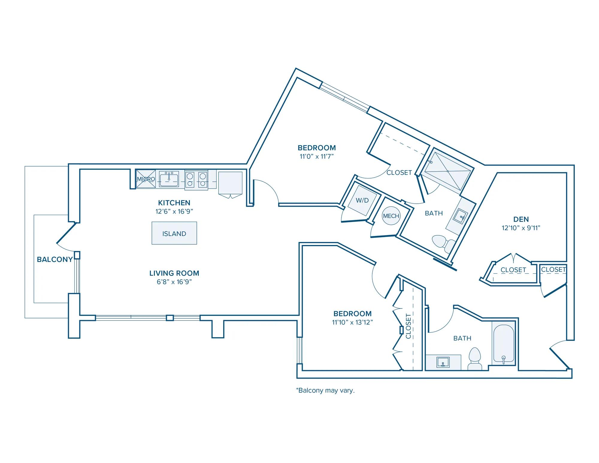 1270 square foot two bed two bath apartment floor plan in D.C.