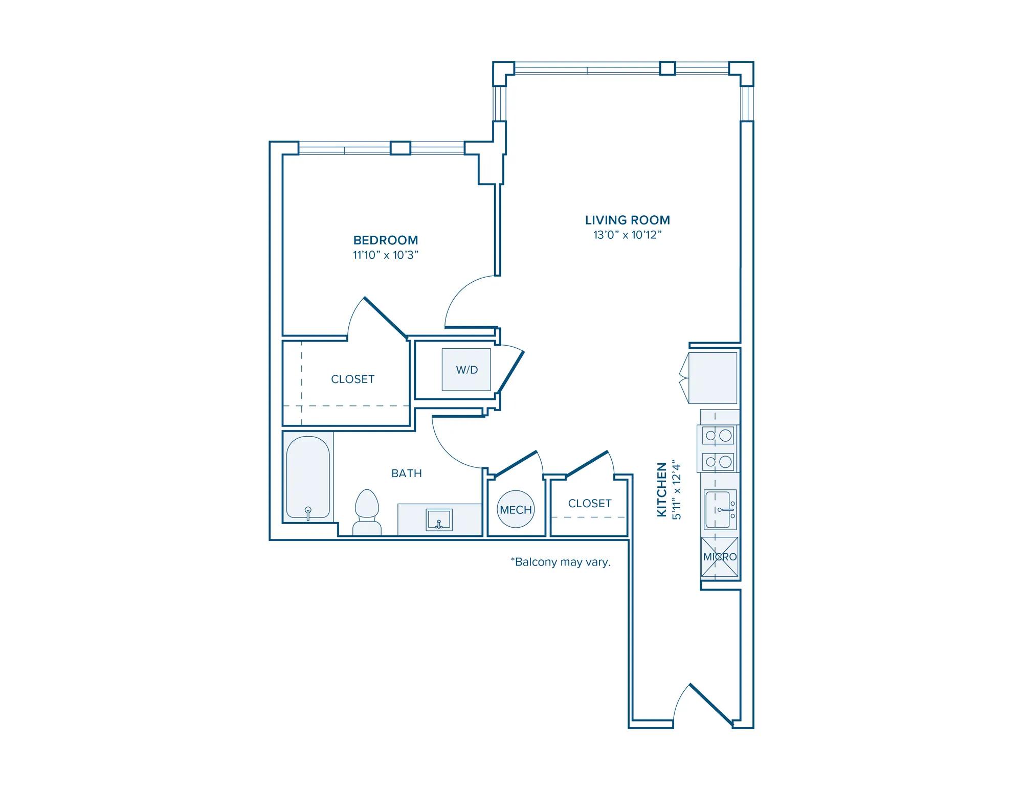 667-672 square foot one bed one bath apartment floor plan in D.C.
