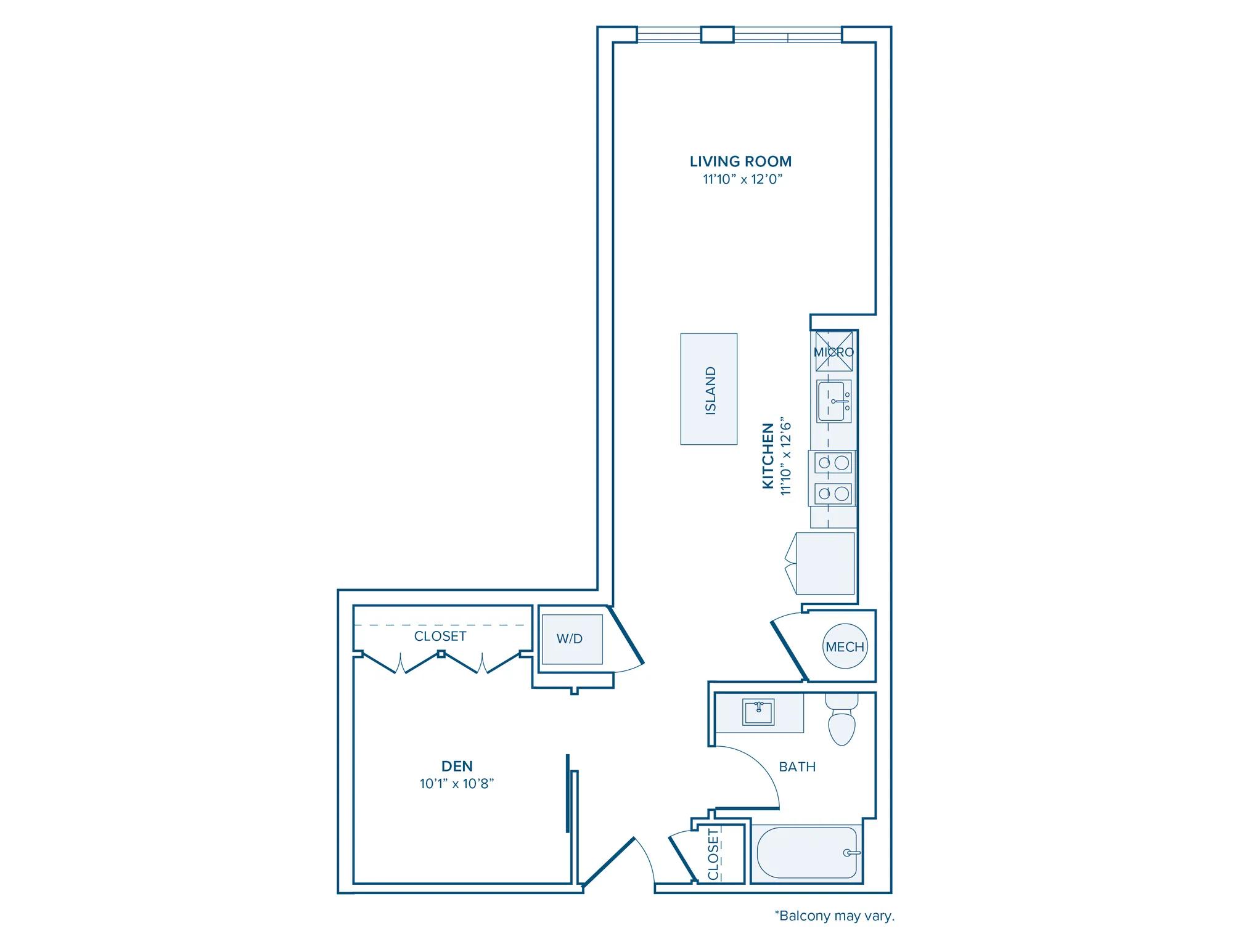 643 square foot one bed one bath apartment floor plan in D.C.
