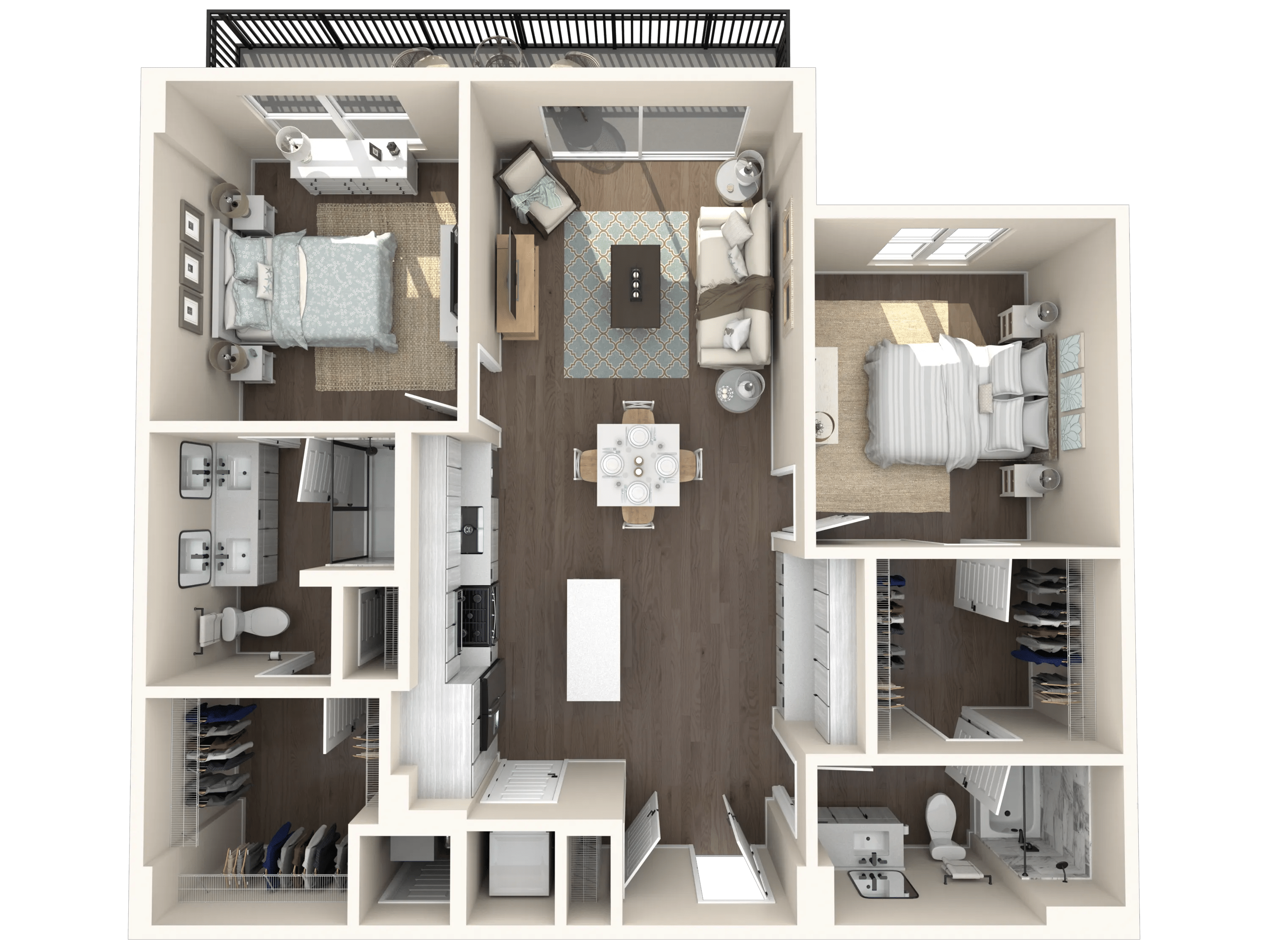 1095 square foot two bed two bath apartment floor plan image