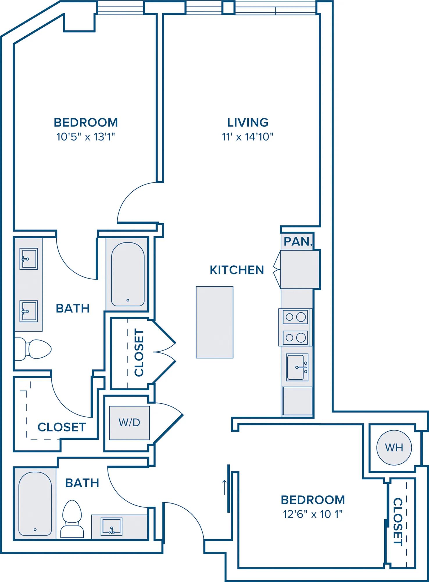 913 square foot two bedroom two bath apartment floorplan image