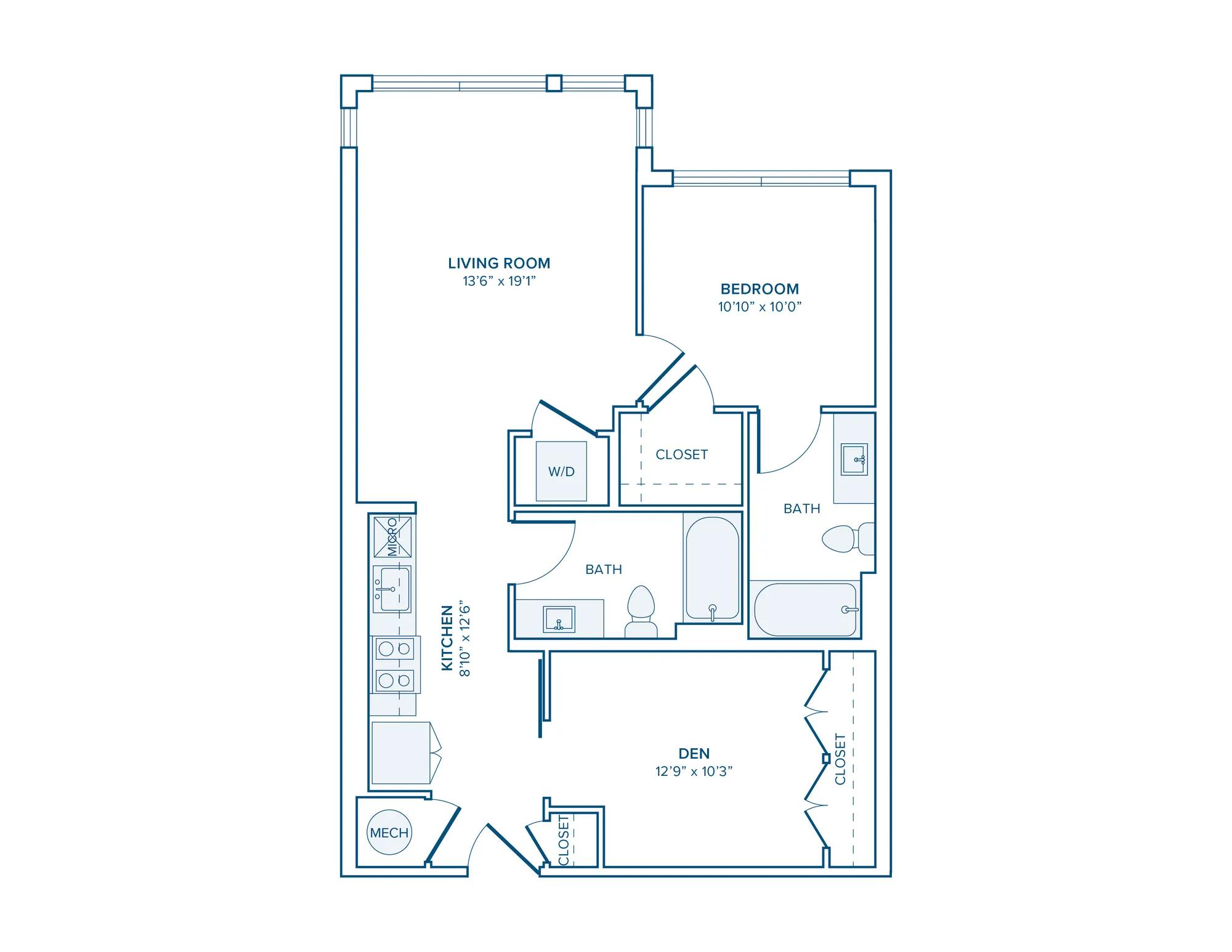 819 square foot one bed two bath with den apartment floor plan in D.C.