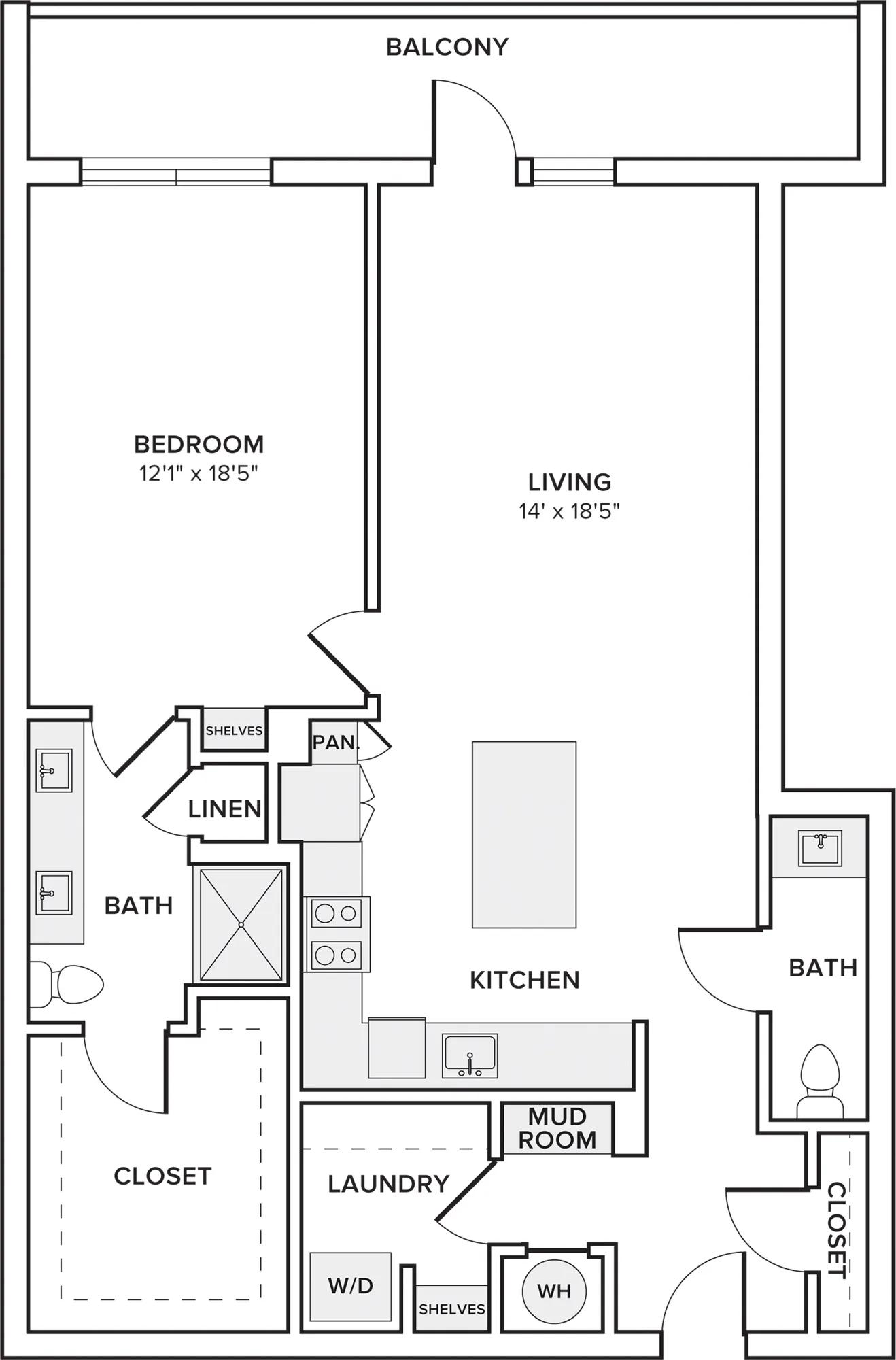 1122 square foot one bed one bath apartment floor plan in Dallas, TX