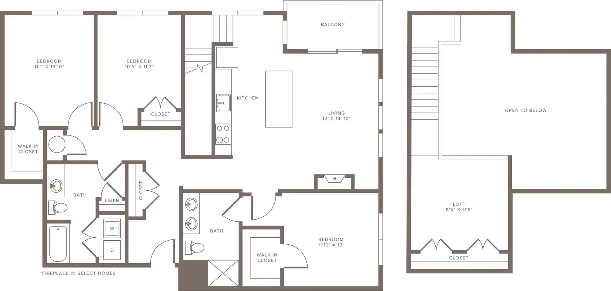 1640 square foot three bedroom two bath loft apartment floorplan image