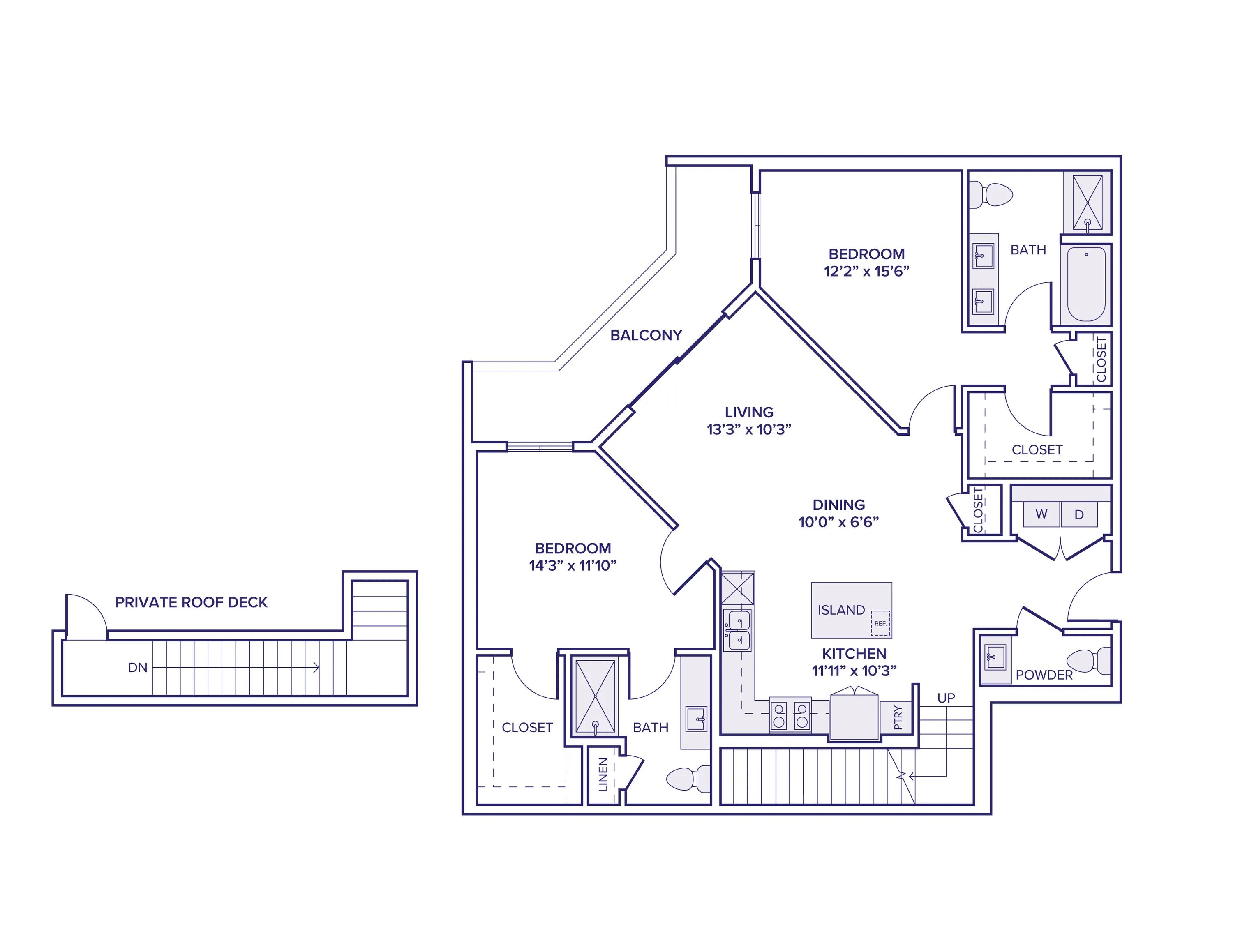 1244 square foot two bed two and a half bath apartment floor plan in Scottsdale, AZ