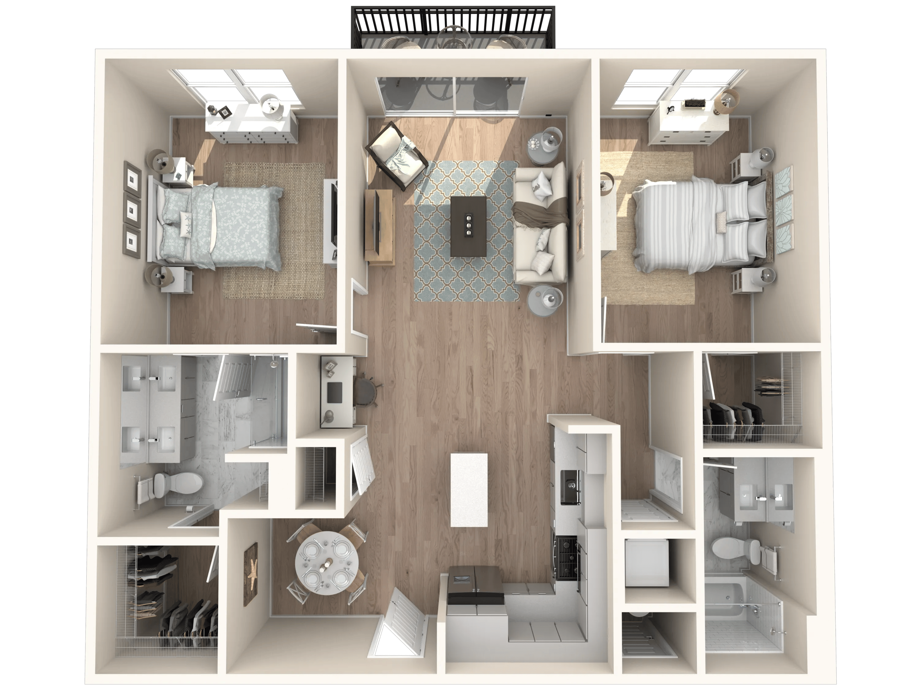 1186 square foot two bed two bath floor plan in Tampa, FL