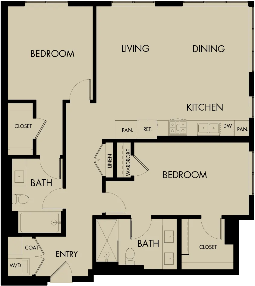 1216 square foot two bed two bath floor plan image