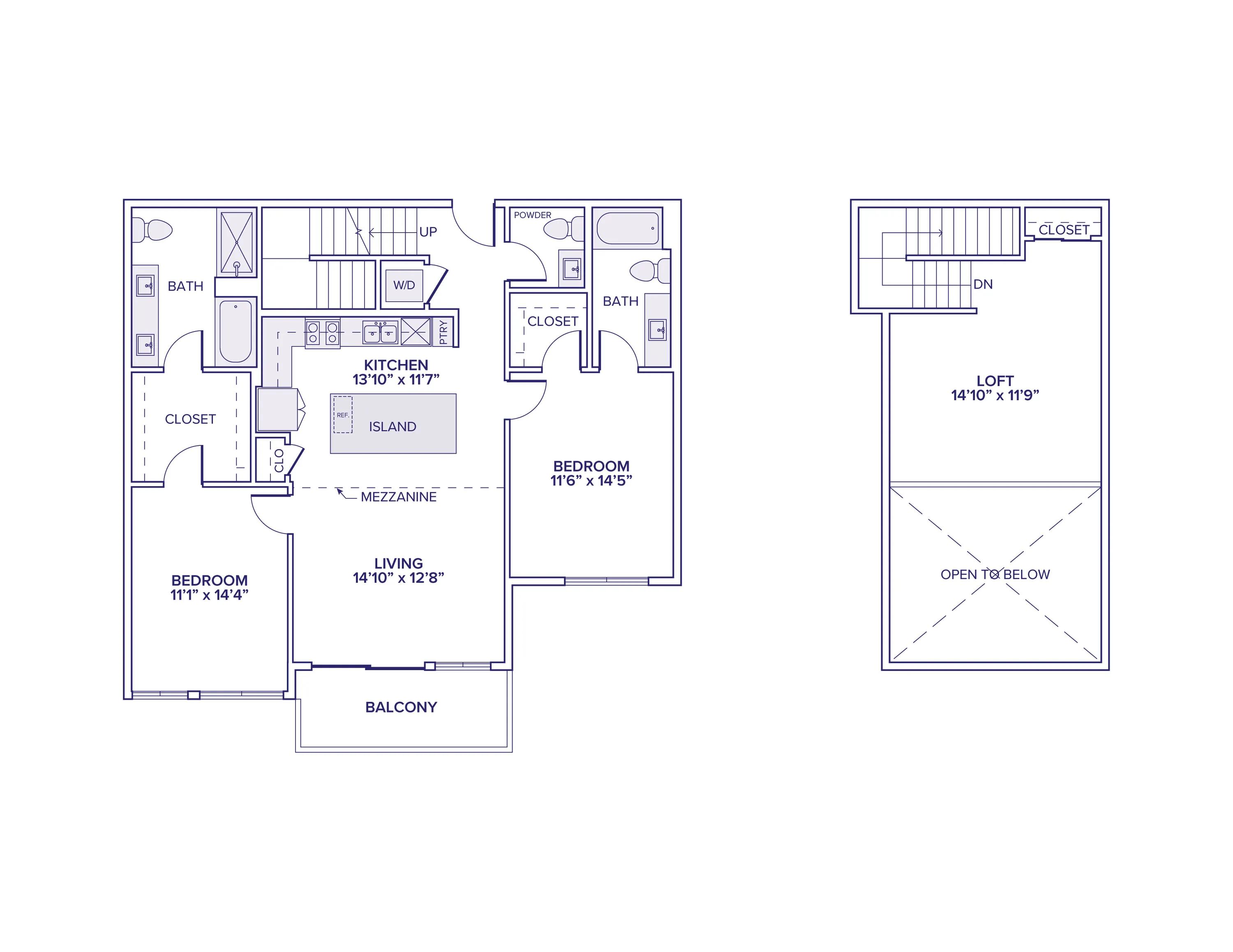 1502 square foot two bed two and a half bath apartment floor plan in Scottsdale, AZ