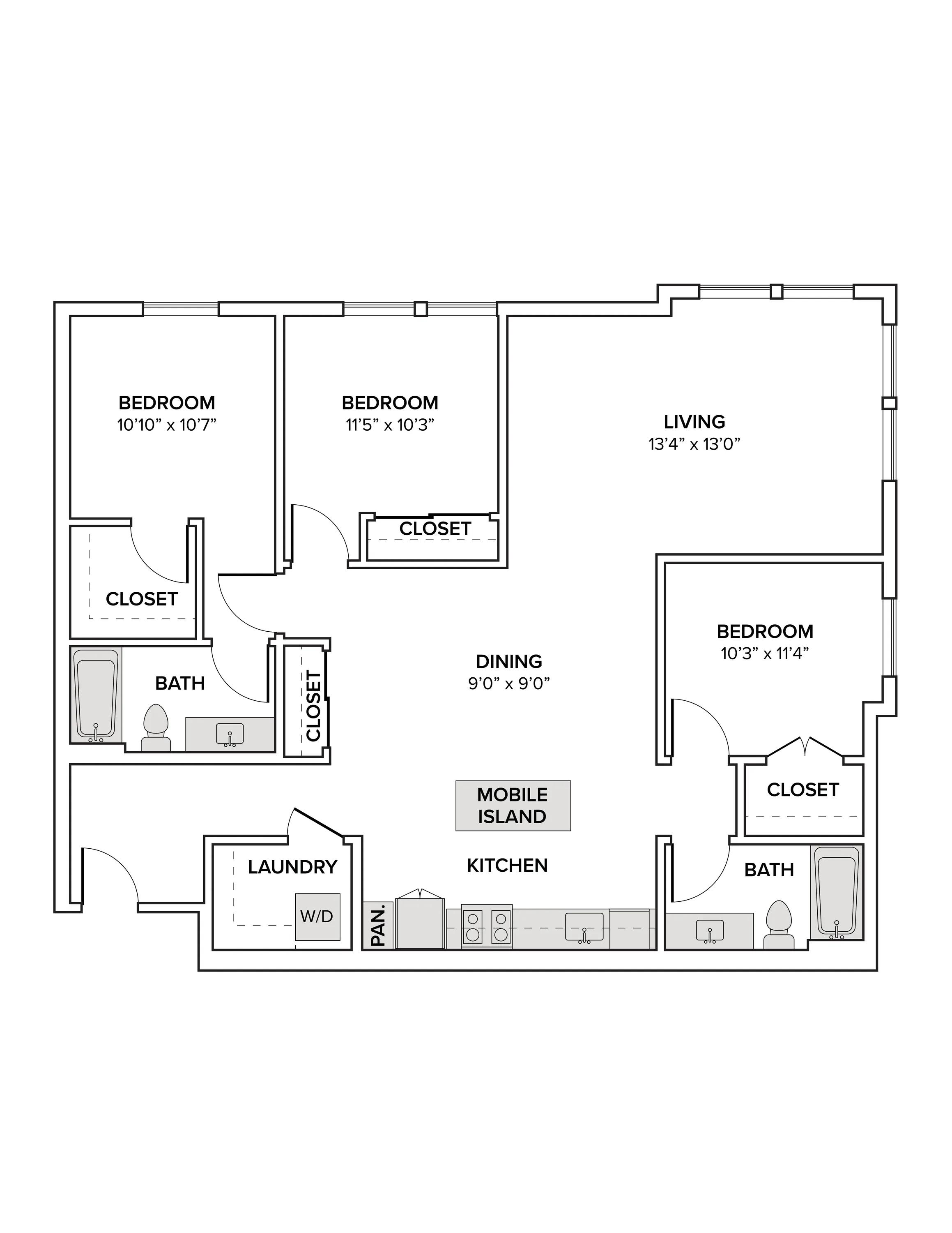 1416 square foot three bedroom two bath apartment floor plan image