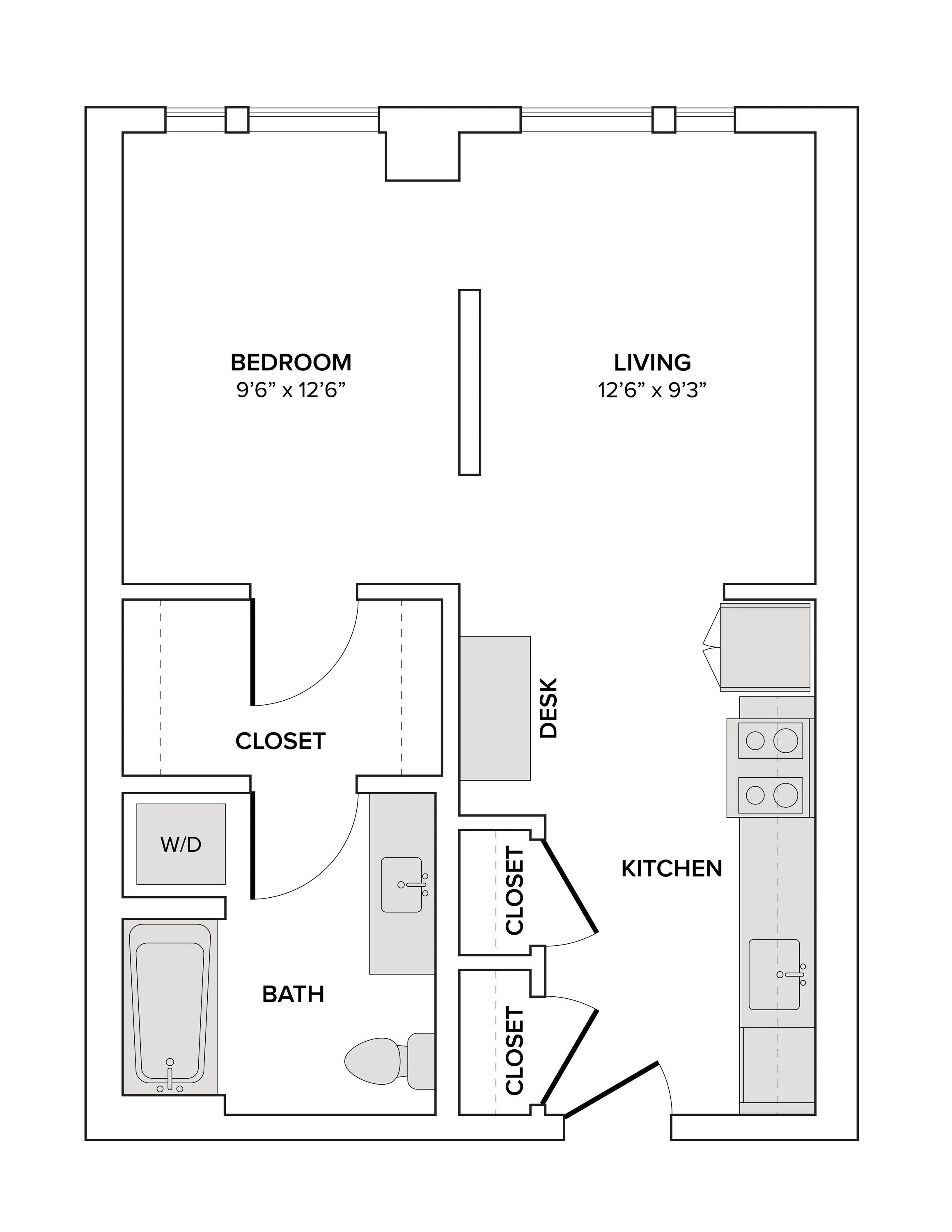 609 square foot studio one bath apartment floor plan image