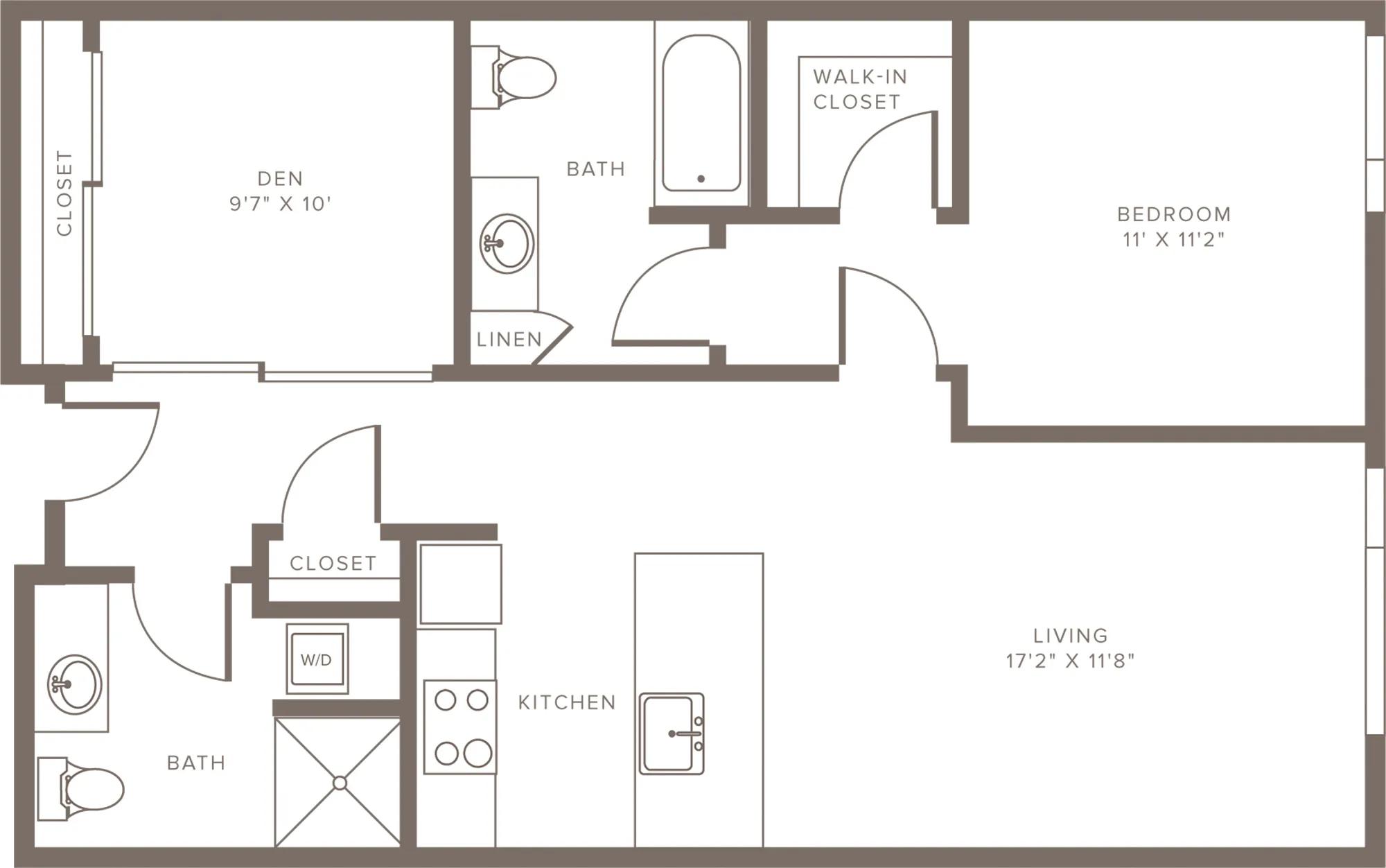 942 square foot one bedroom one bath with study apartment floorplan image