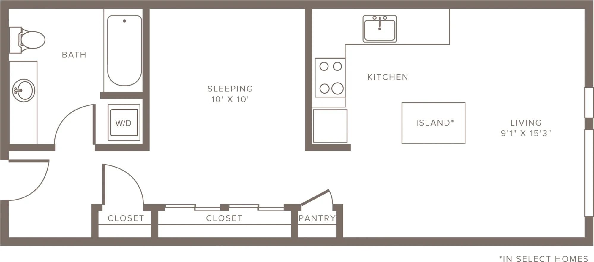636 square foot one bedroom one bath apartment floorplan image