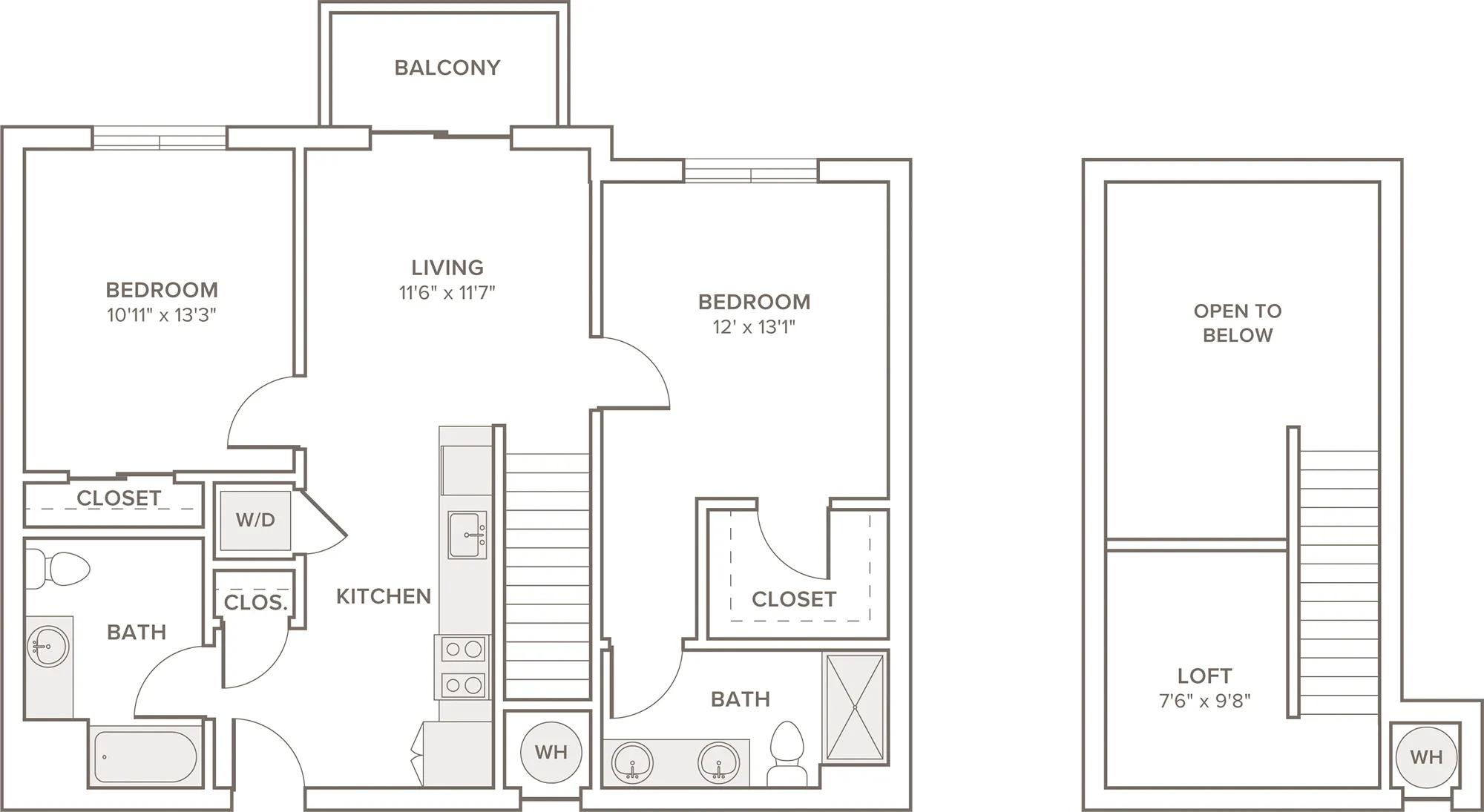 1043-1073 square foot two bedroom two bath with loft apartment floorplan image