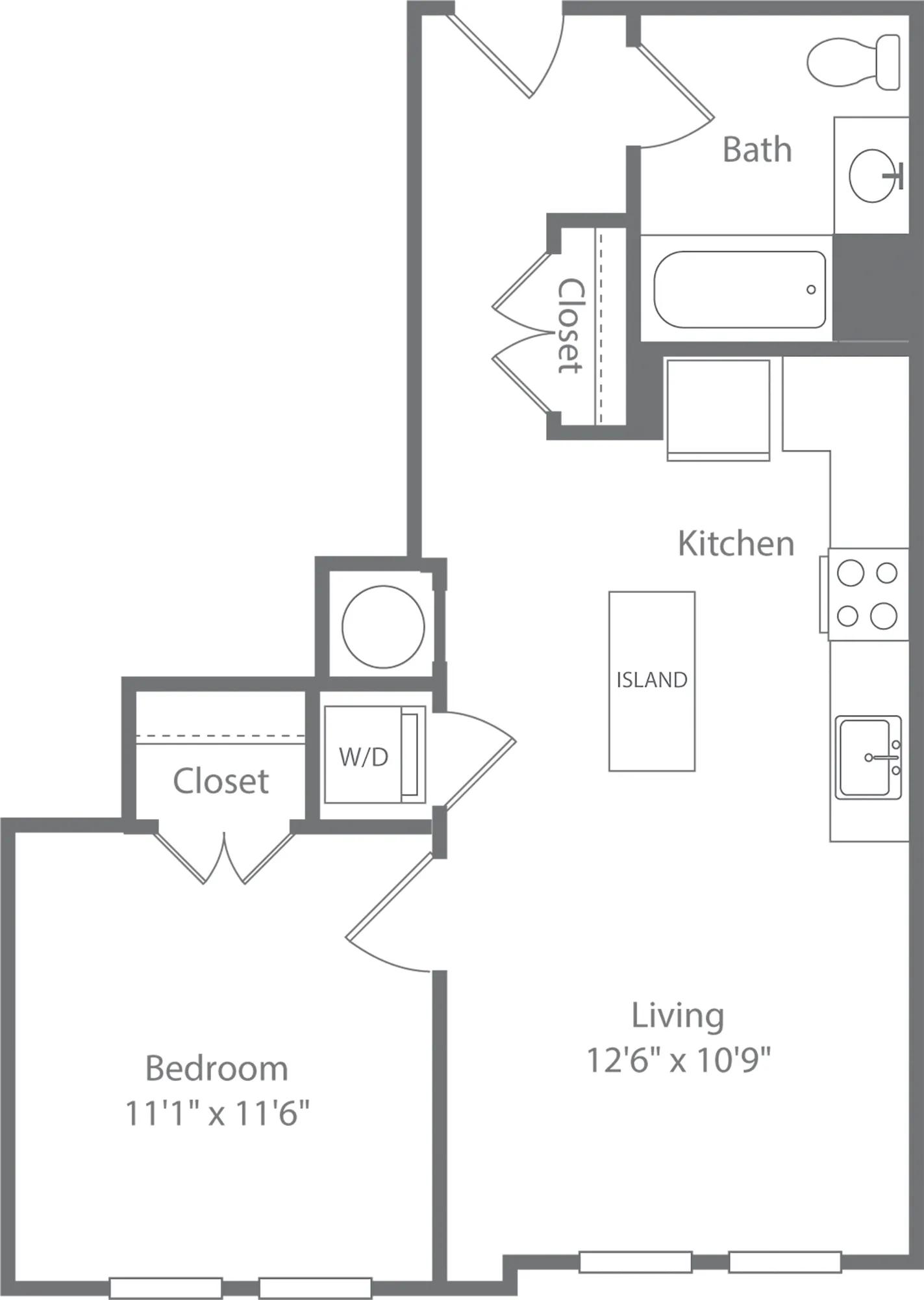 639 square foot one bedroom one bath apartment floorplan image