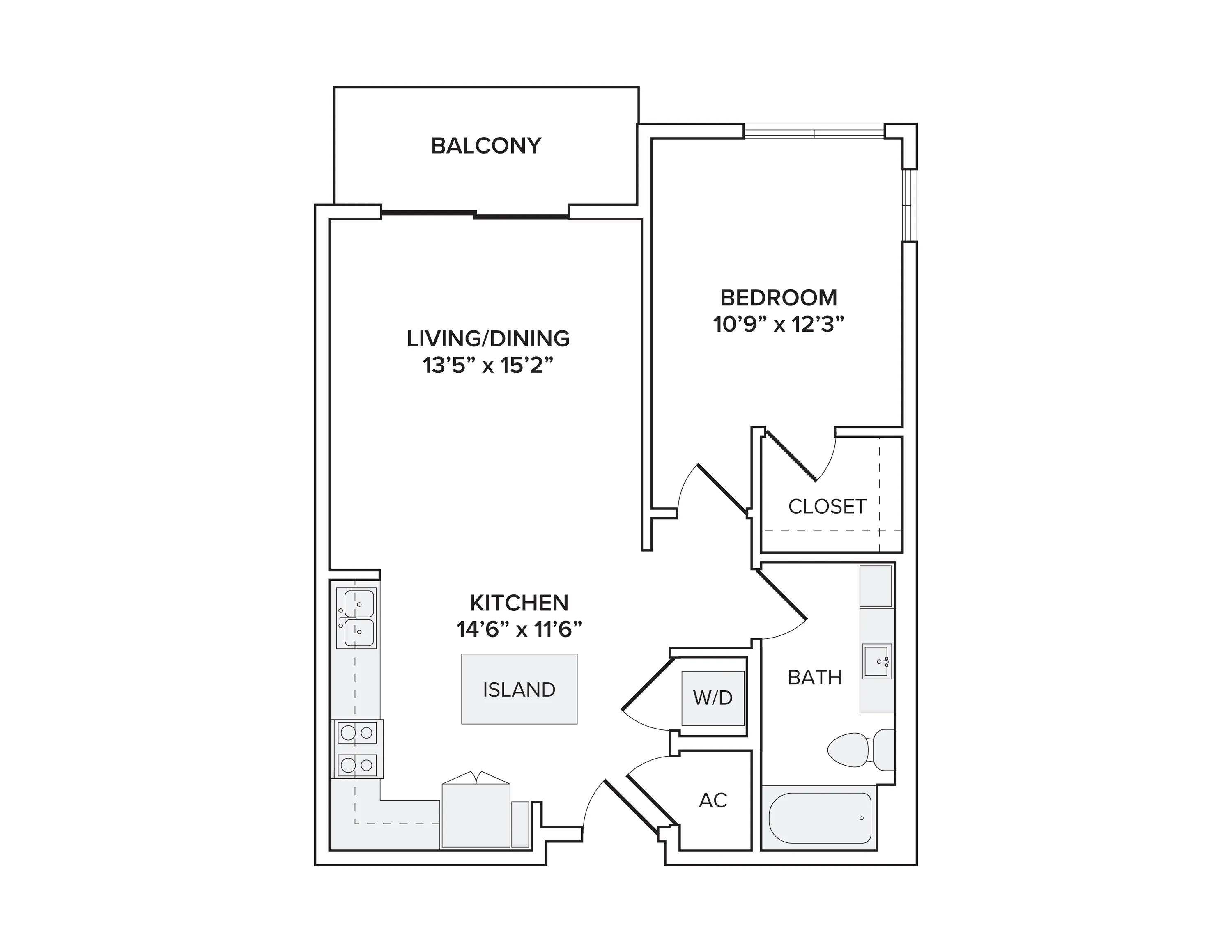 761 square foot one bed one bath apartment floor plan in Scottsdale, AZ