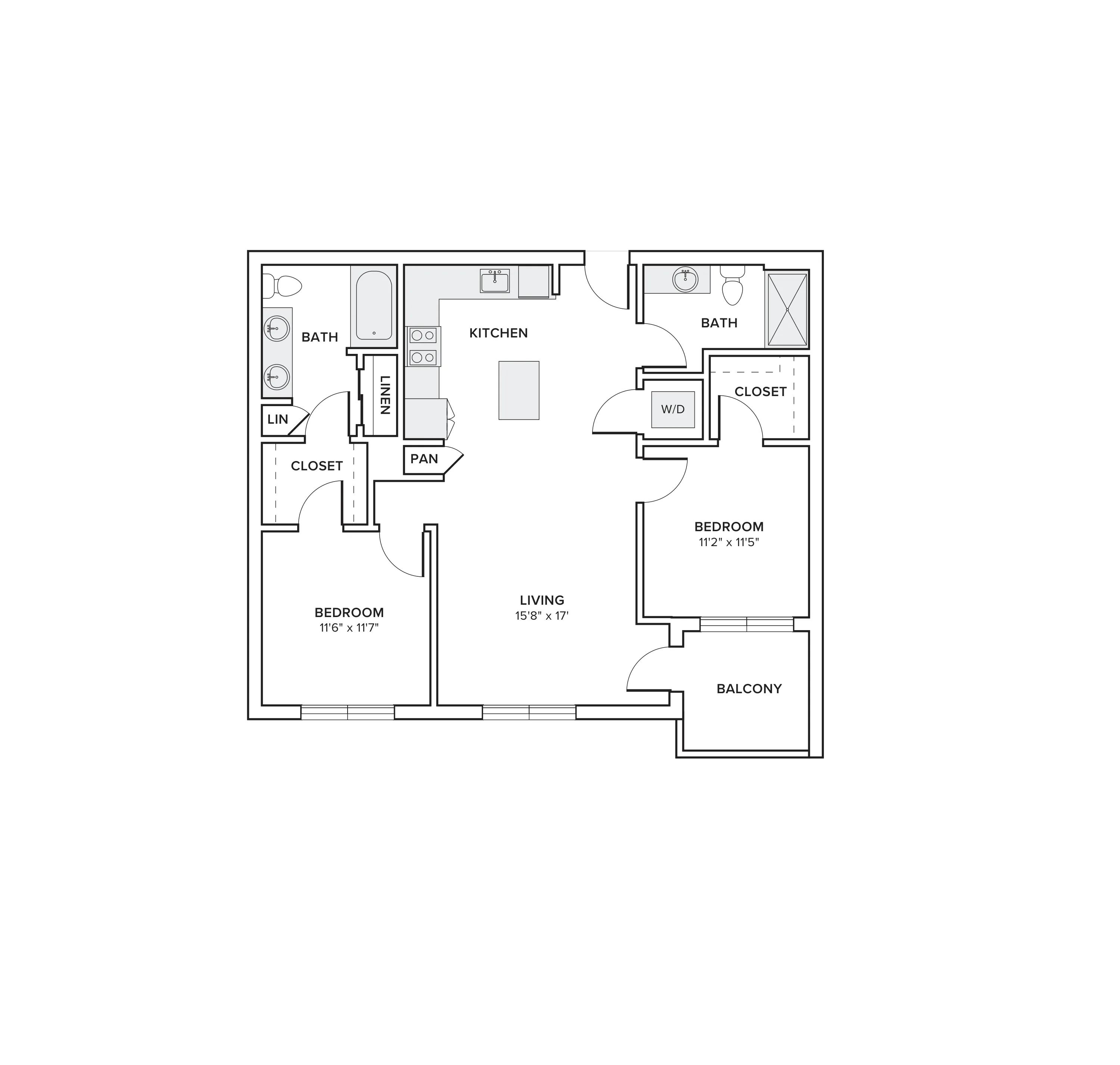 999 square foot two bed two bath floor plan in Tempe, AZ
