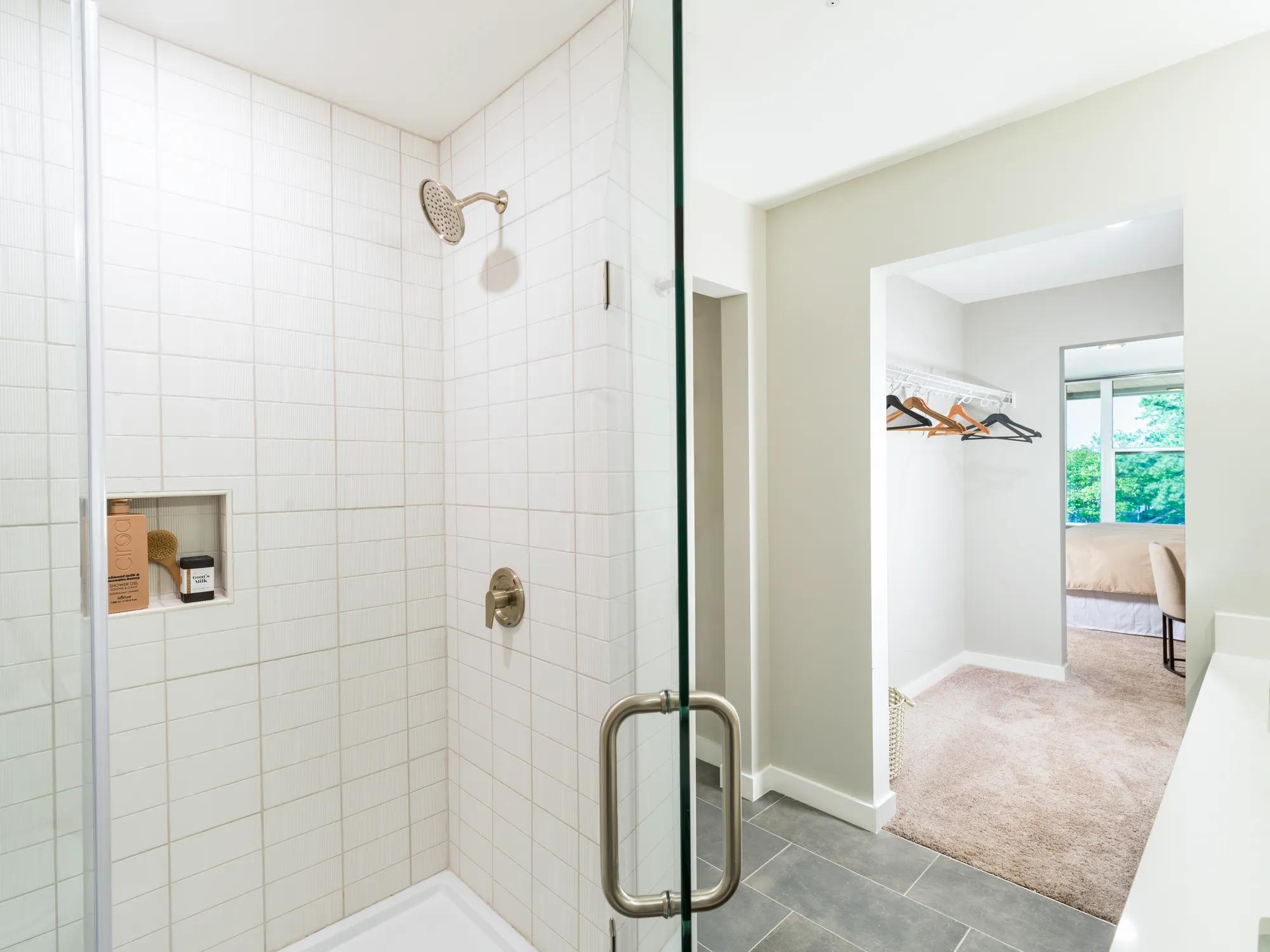 glass enclosed shower with tile finish modera loso apartment homes for rent in charlotte nc