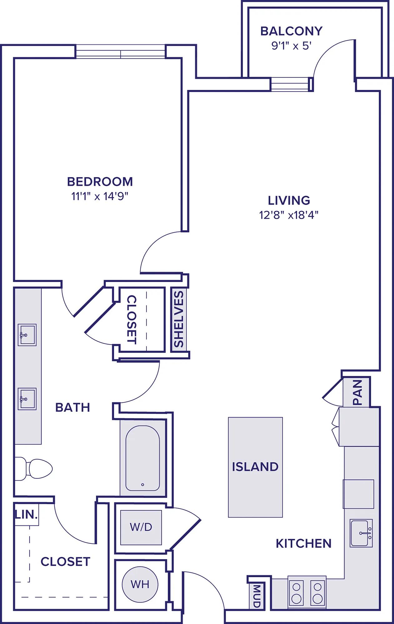 900 square foot one bed one bath apartment floor plan in McKinney, TX