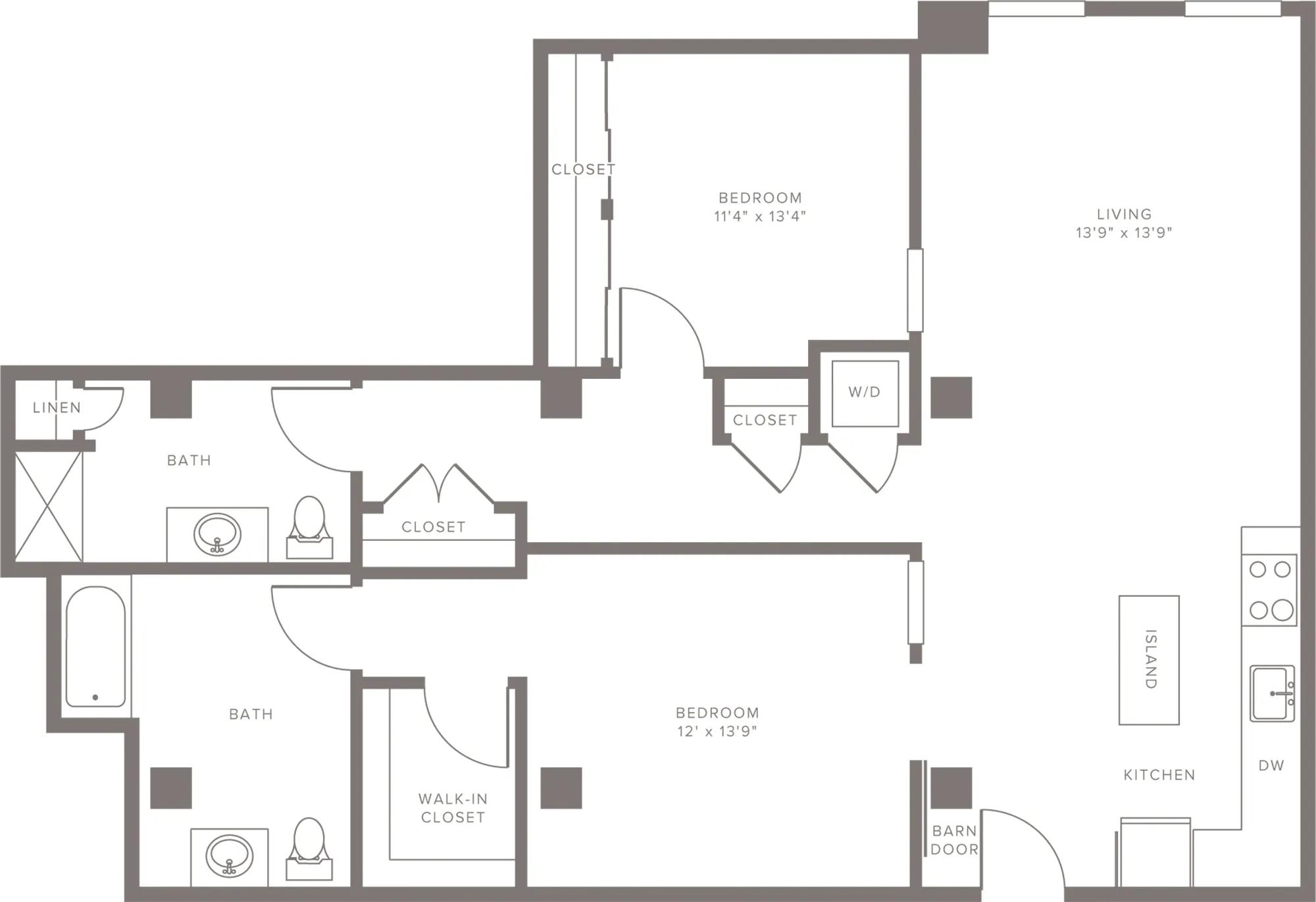 1218 square foot two bedroom two bath apartment floorplan image