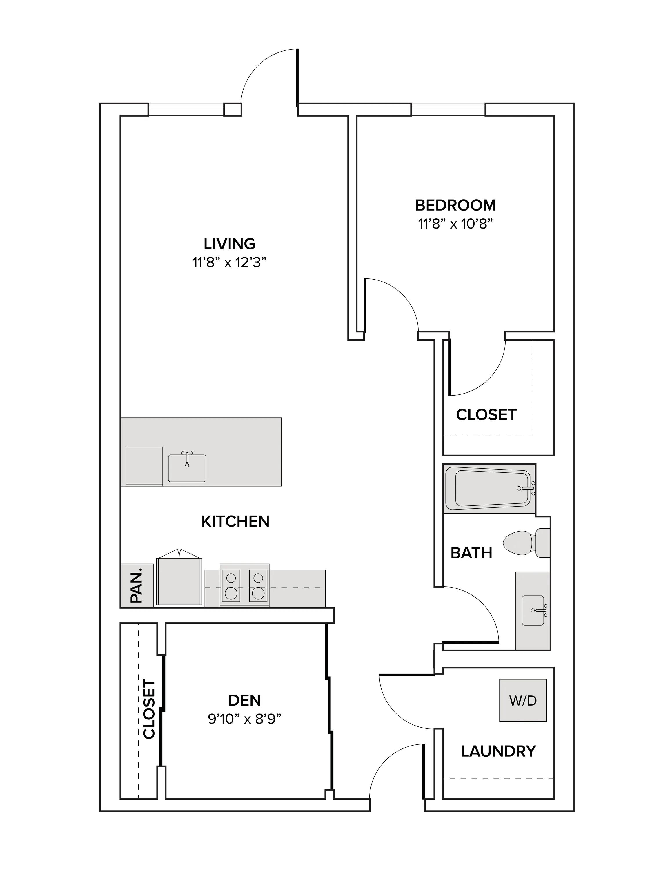 918 square foot one bedroom one bath with a den apartment floor plan image
