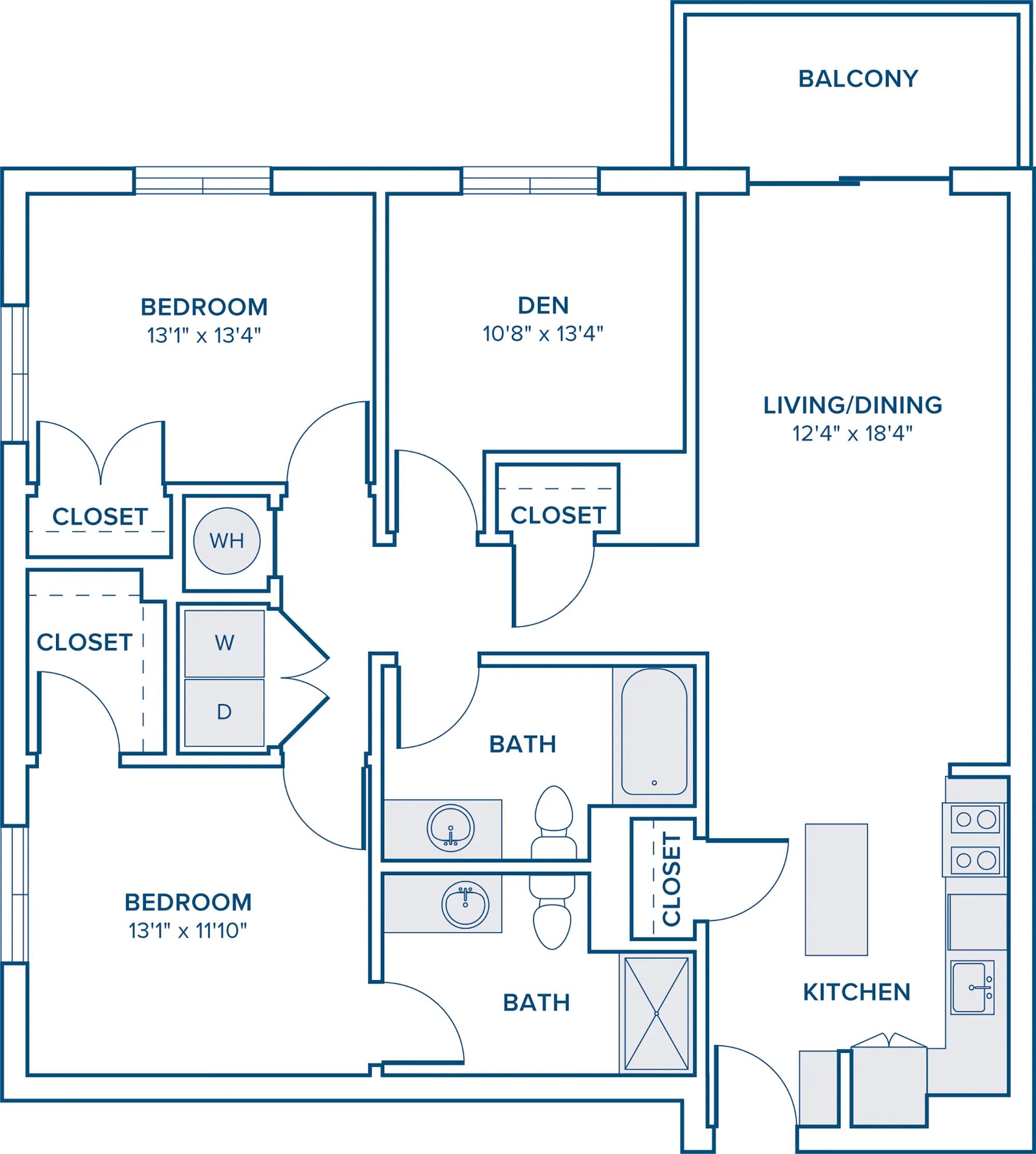 1206 square foot two bedroom two bath apartment floor plan in Marshfield, MA